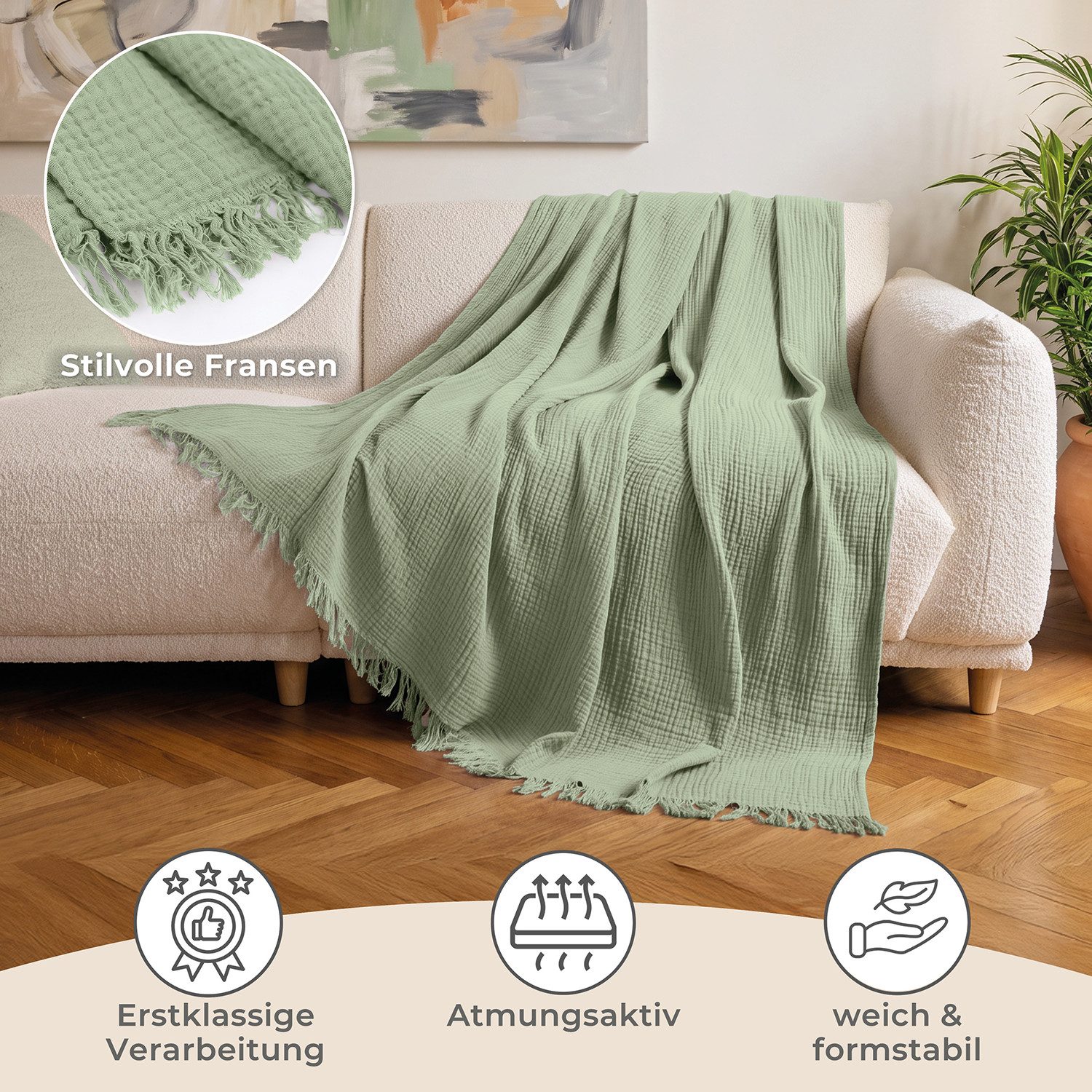 Laynenburg Tagesdecke Musselin mit Fransen aus 100% Baumwolle – Baumwolldecke, Wohndecke als Sommerdecke, Bett-Überwurf, Sofa-Decke, Kuscheldecke