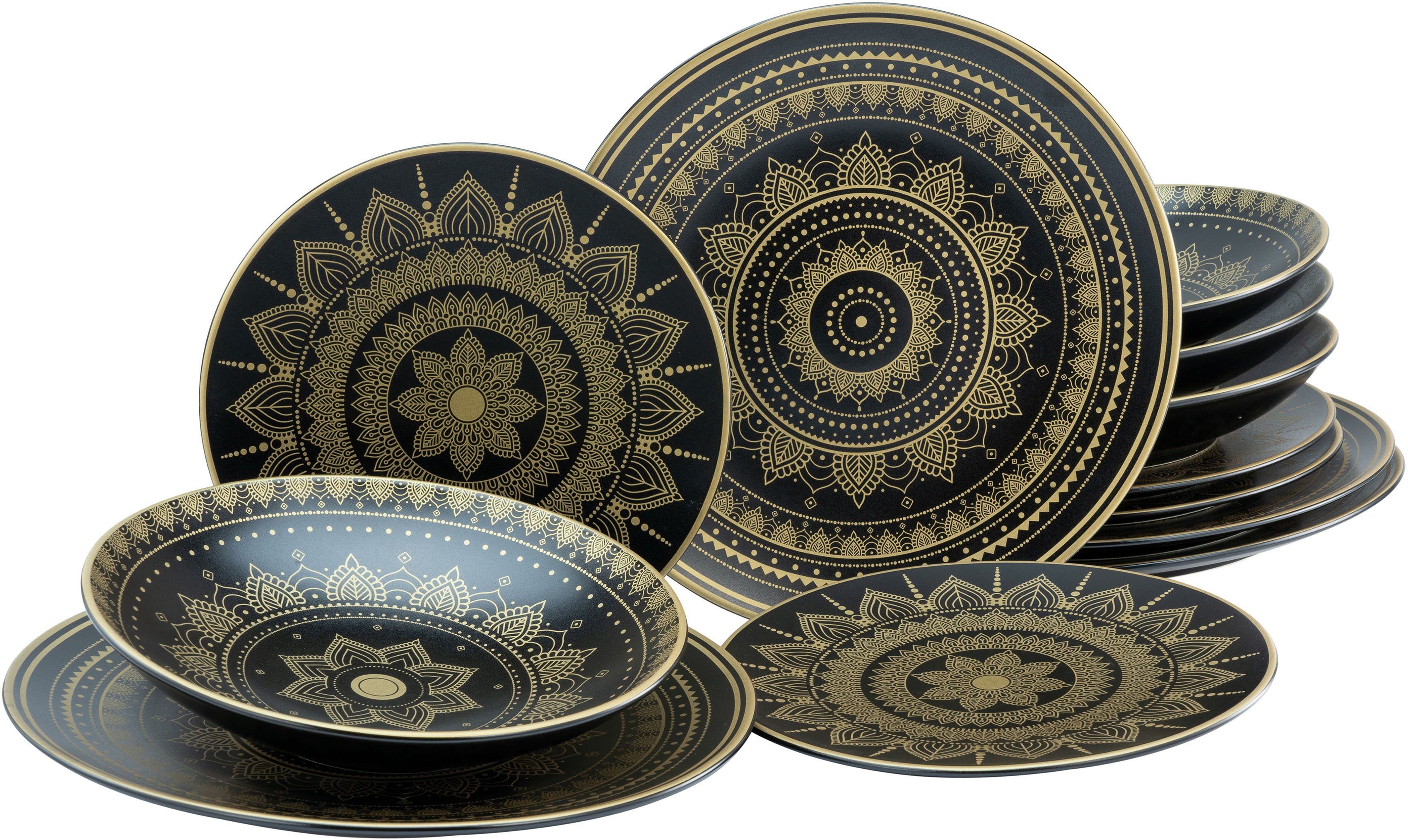 CreaTable Тарелки-Set Mandala Gold (12-tlg), 4 Personen, Steinzeug, Service, goldene orientalische Motive, 12 Teile, für 4 Personen