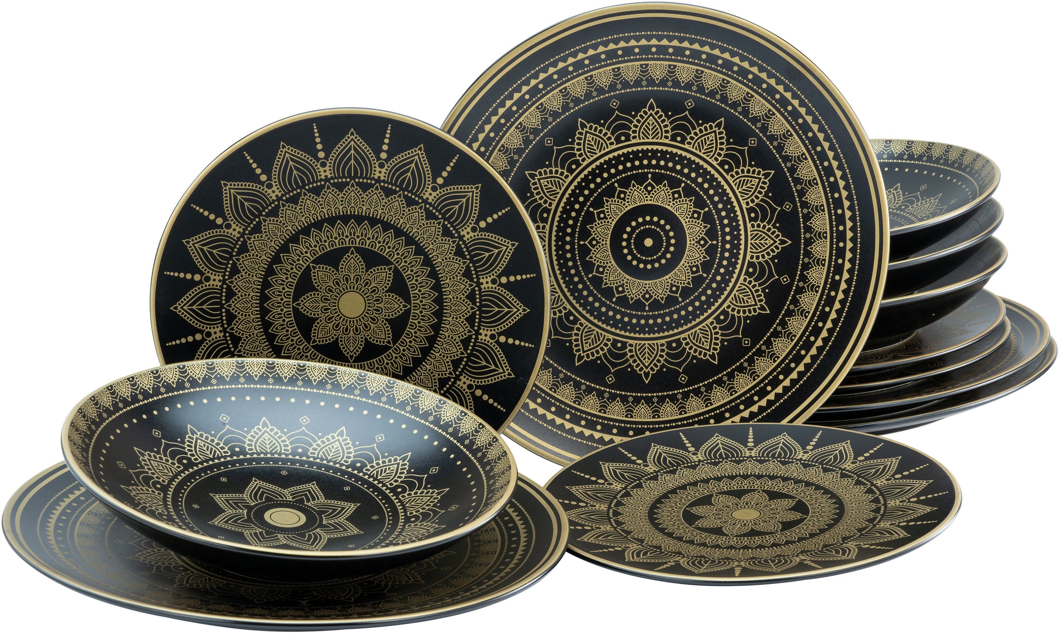 orientalische 12 Mandala goldene Motive, 4 Service, 4 Teile, Personen, Teller-Set Steinzeug, für CreaTable Gold (12-tlg), Geschirr-Set Personen