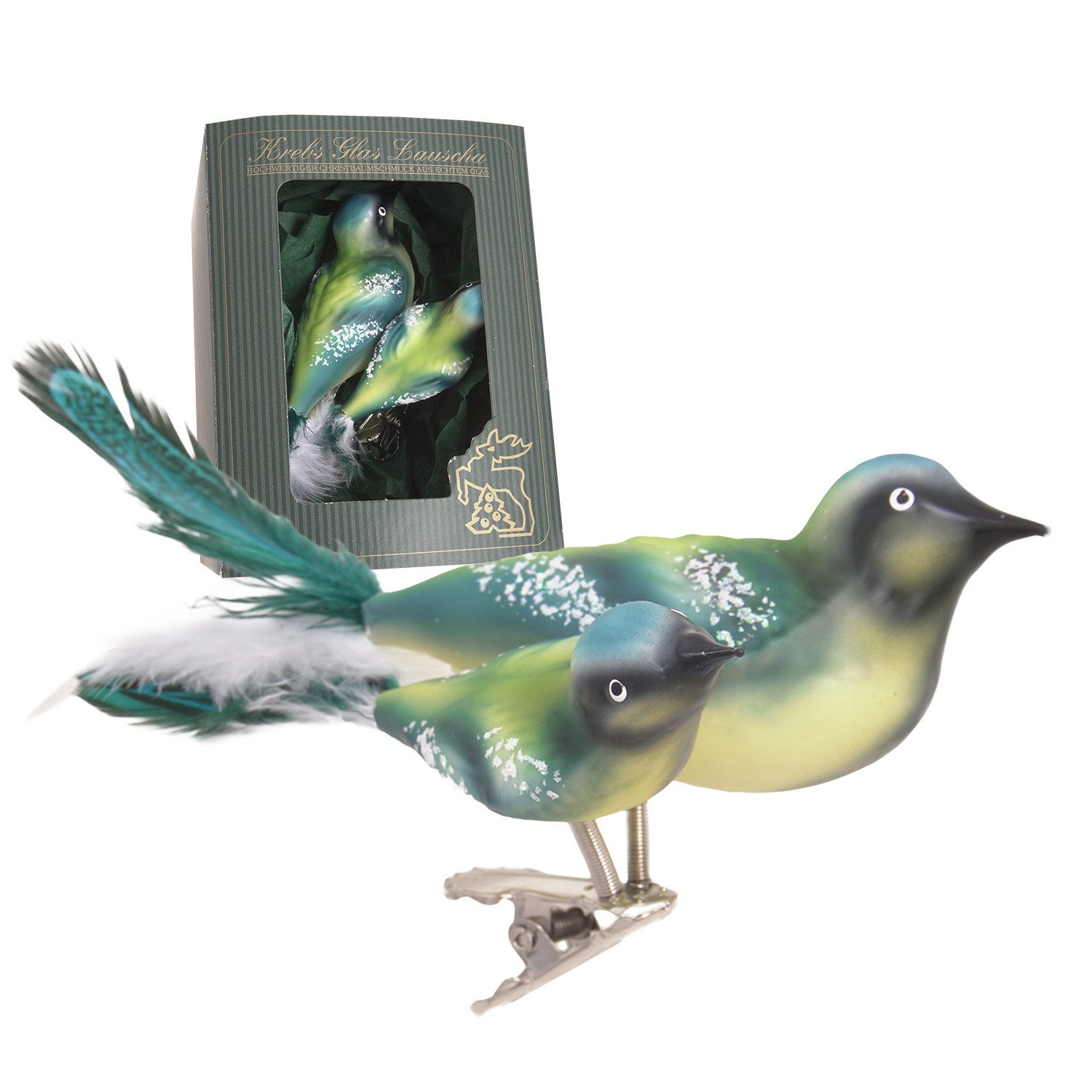 Krebs Glas Lauscha Weihnachtsbaumklammer Baumschmuck Doppelvogel Blaumeise Mehrfarbig 9cm (1-tlg)