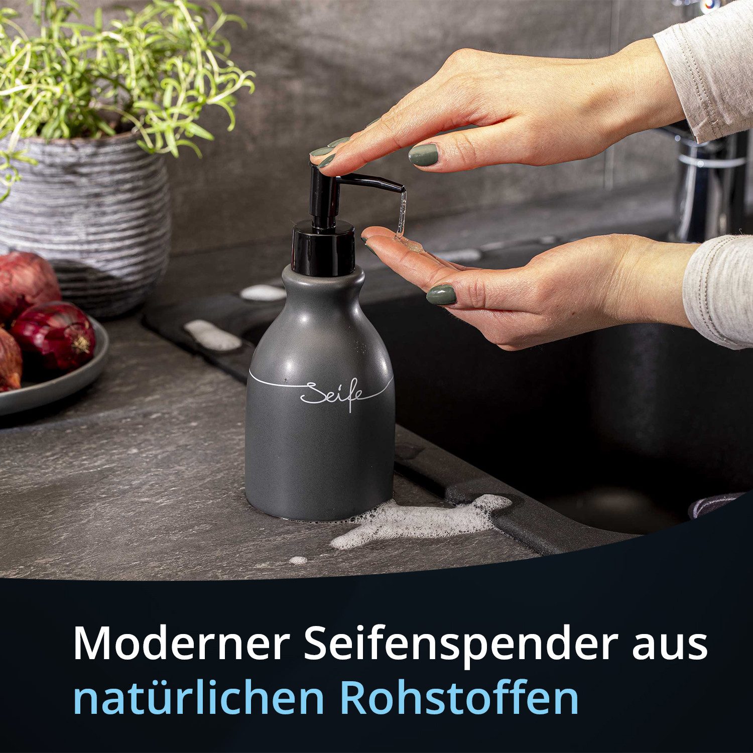KHG Vorratsdose Seifenspender aus Steinzeug in Grau – nachfüllbarer Seifenspender, Steingut, Nachfüllbarer Seifen‑Spender in Grau mit klassischem Design – Bild 2 von 5