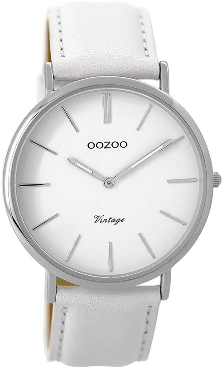 OOZOO Quarzuhr Oozoo Damen Armbanduhr weiß, Damenuhr rund, groß (ca. 40mm), Lederarmband weiß, Fashion