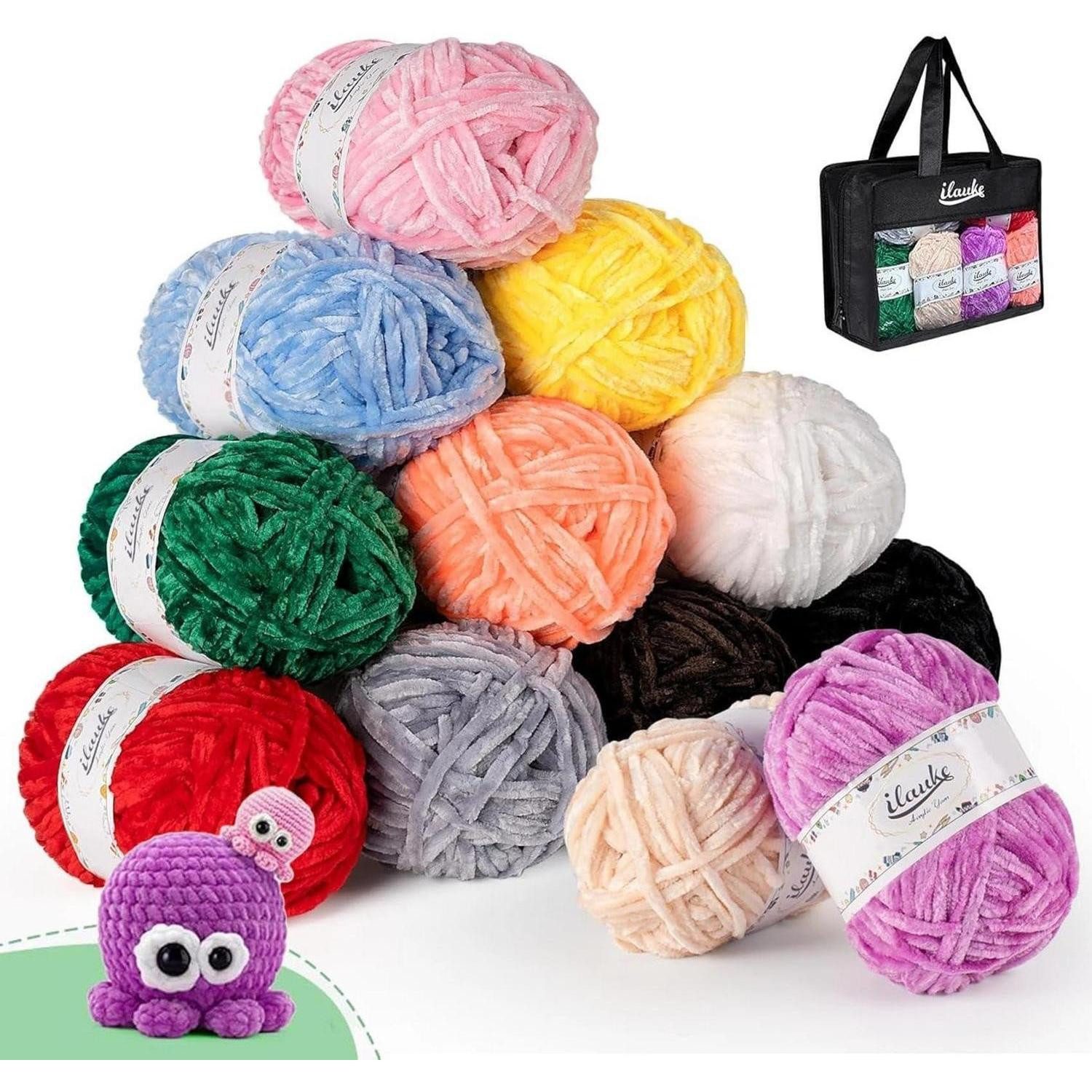 LuxusKollektion Chenille Garn Set 12x50g Mehrfarbig mit Zubehör Häkelwolle, (1-St)