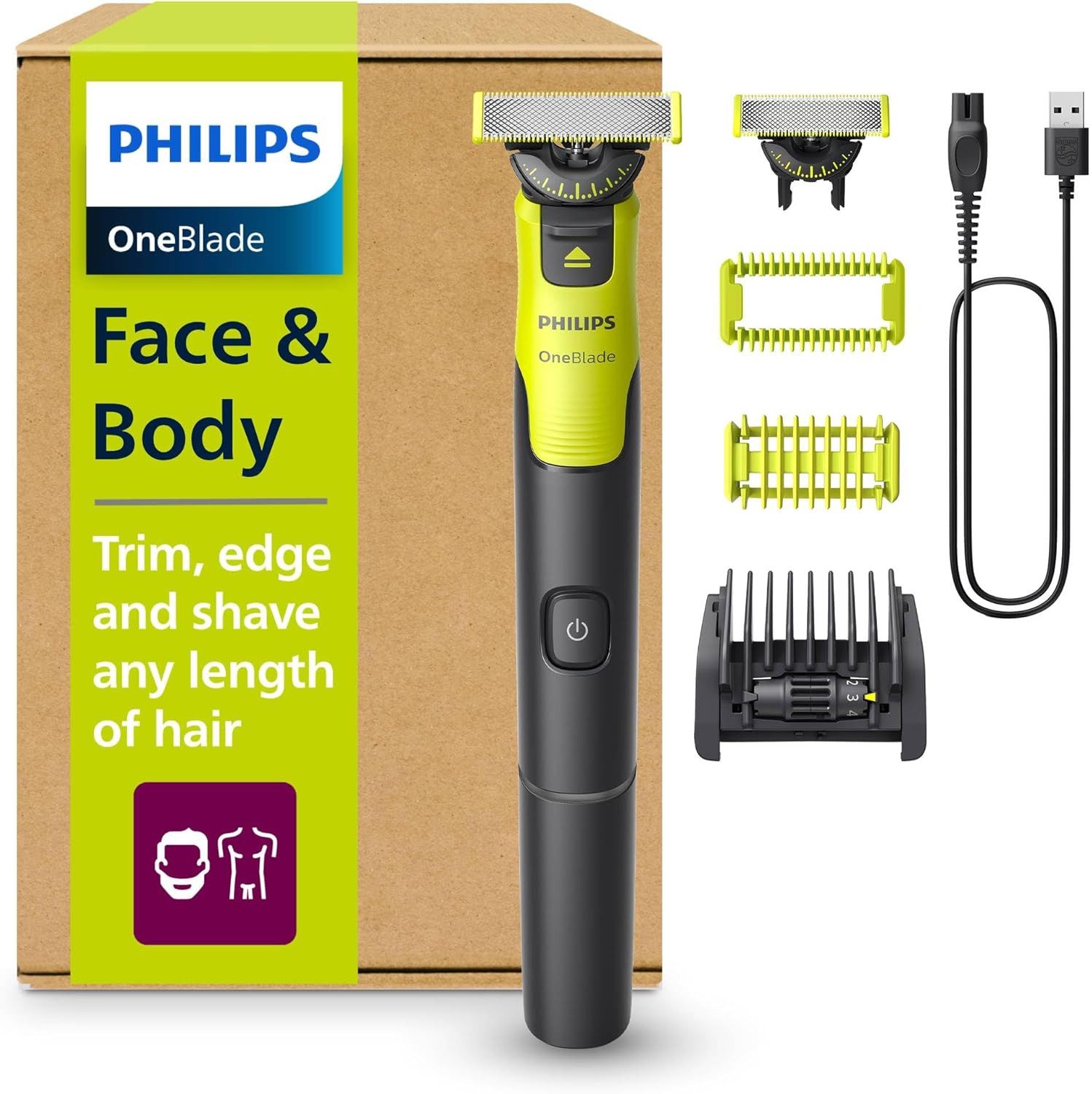 Philips Elektrokörperrasierer OneBlade 360 Face & Body Rasierer Bodygroomer, Abwaschbar, Aufsätze: 3, Ja, 5-in-1-Kammaufsatz, Körperaufsätzen, USB-A-Ladekabel, Transporttasche, App-Konnektivität, 5-in-1-Kammaufsatz, Nass- und Trockenrasur