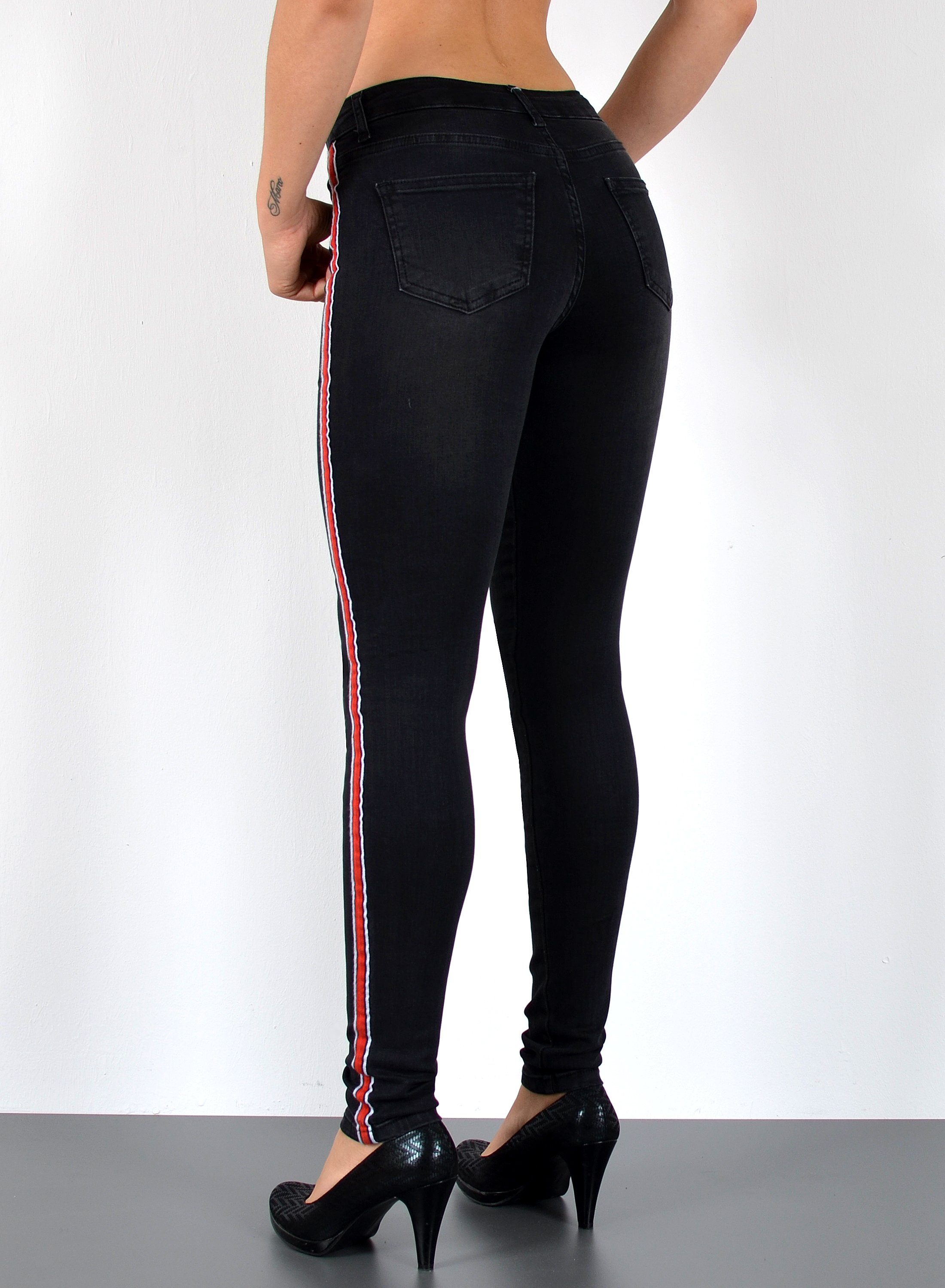 ESRA Skinny-fit-Jeans Damen High Waist Skinny Jeans mit Streifen bis Große Größe J330 Skinny Jeans Damen High Waist mit Seitenstreifen Galonstreifen Hose