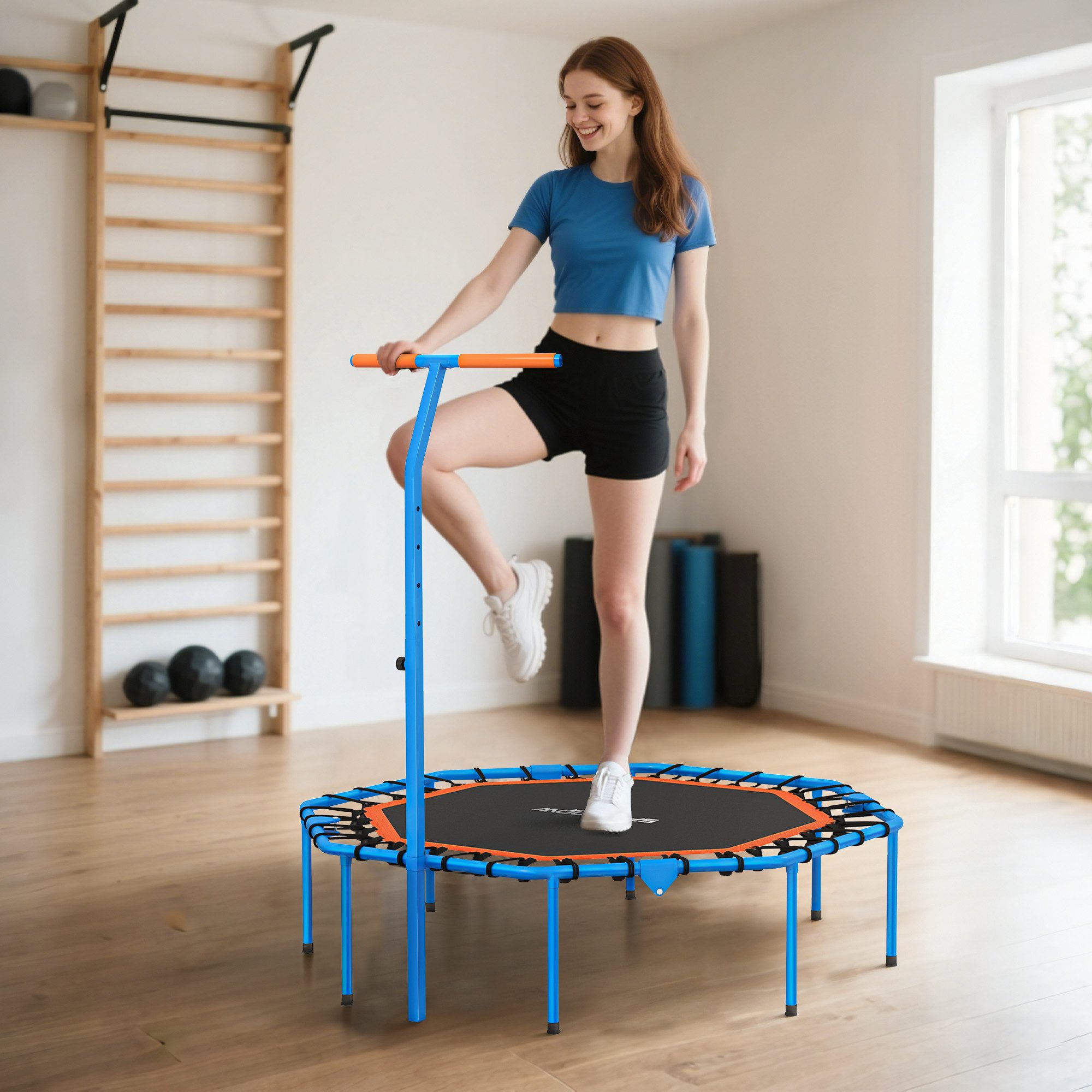SPORTNOW Fitnesstrampolin mit 5-Stufig Höhenverstellbarem Haltegriff, leise Gummiseil, Ø 128 cm, (klappbar Fitness Trampolin, 1 tlg., Ø128 cm Mini Trampoline), Trampoline für Indoor Outdoor Jumping