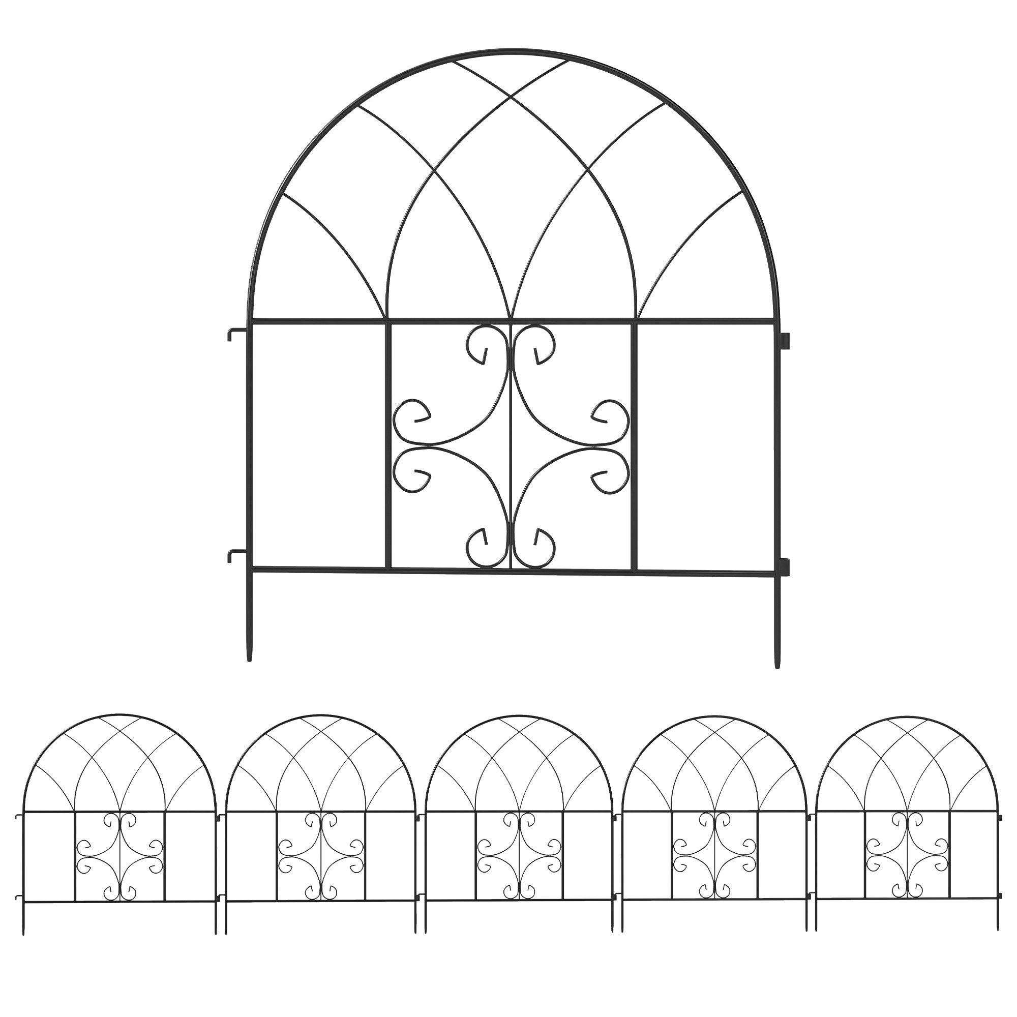 Outsunny Gartenzaun 300 cm x 70 cm hoch, Oberbogen Zaun für Hunde, (Zaun aus Stahl, 5-St., Dekorativer Gitterzaun Set), für Garten Blumenbeete Tierbarriere Außenbereich Schwarz