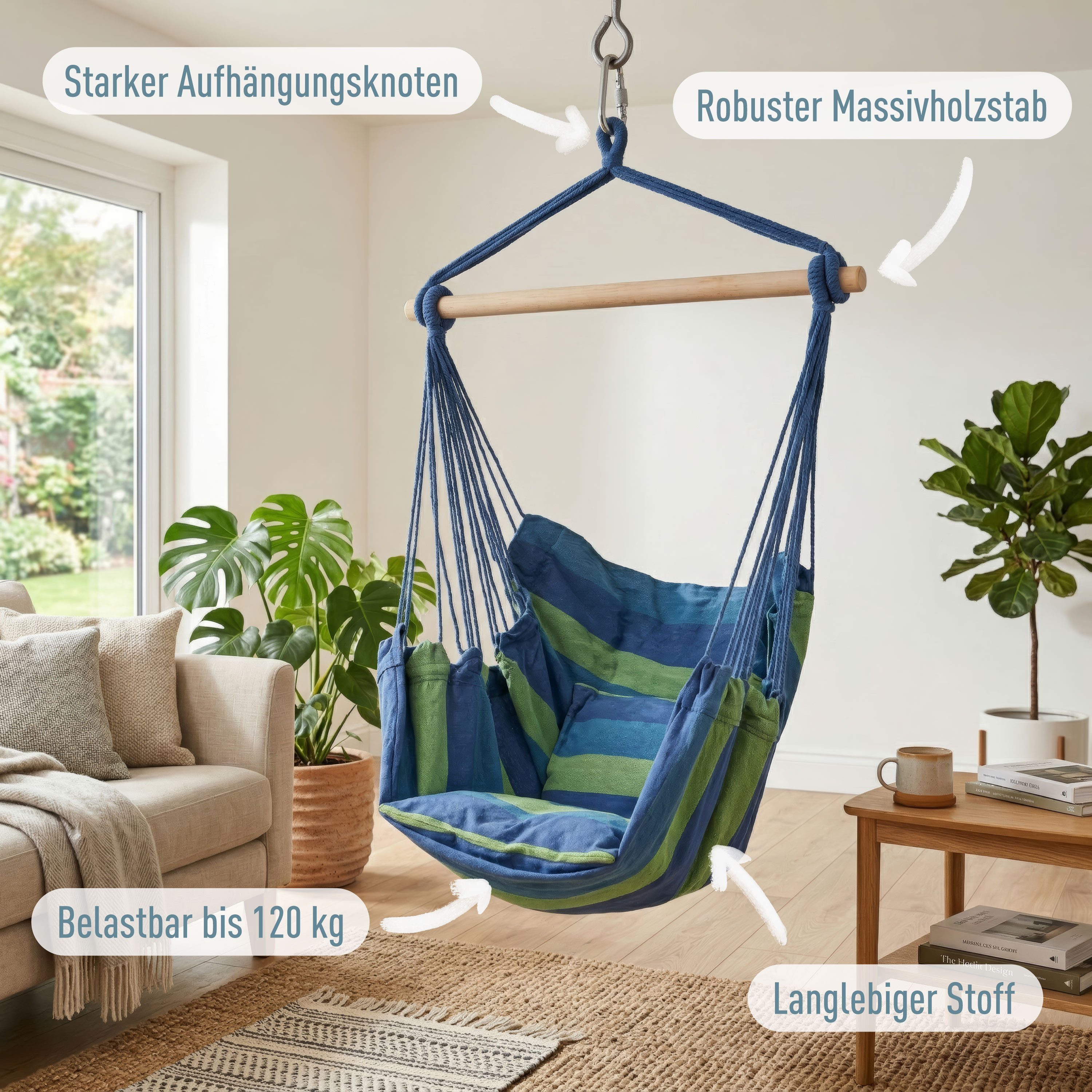 ib style Hängematte Kalea Hängesessel Blau/Grün, Hängestuhl mit 2 Kissen und Zubehör - bis 150kg belastbar