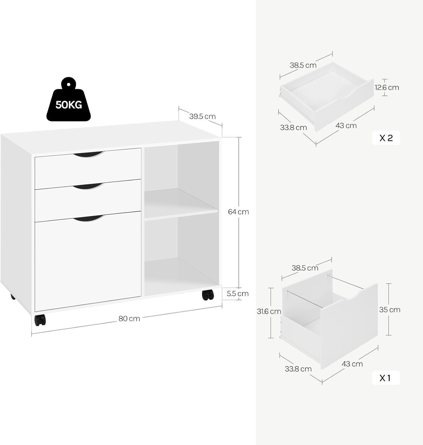 Woltu Rollcontainer, mobiler Aktenschrank Weiß, 80x69,5x39,5 cm, mit 5 Rollen