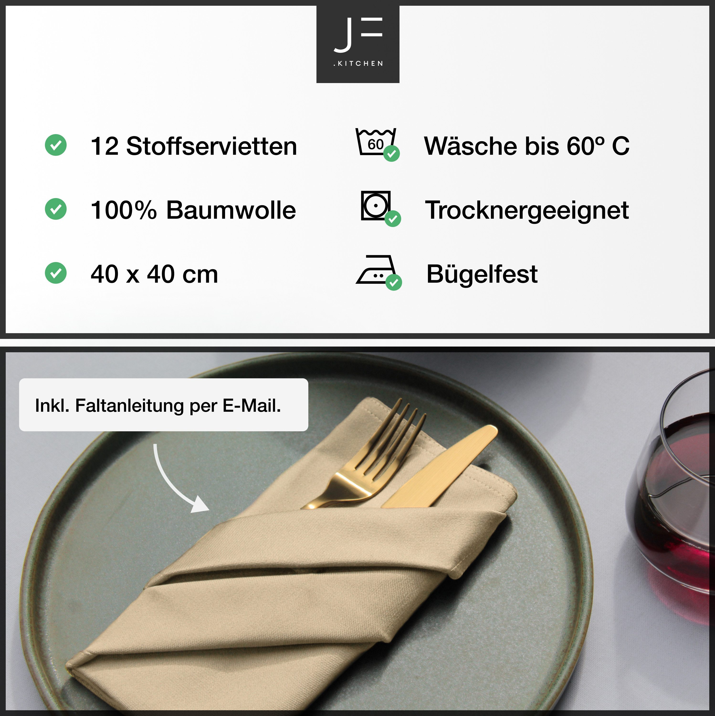 JF.kitchen Stoffserviette 12 Stoffservietten mit Faltanleitung aus extra hochwertiger Baumwolle, (12 St)