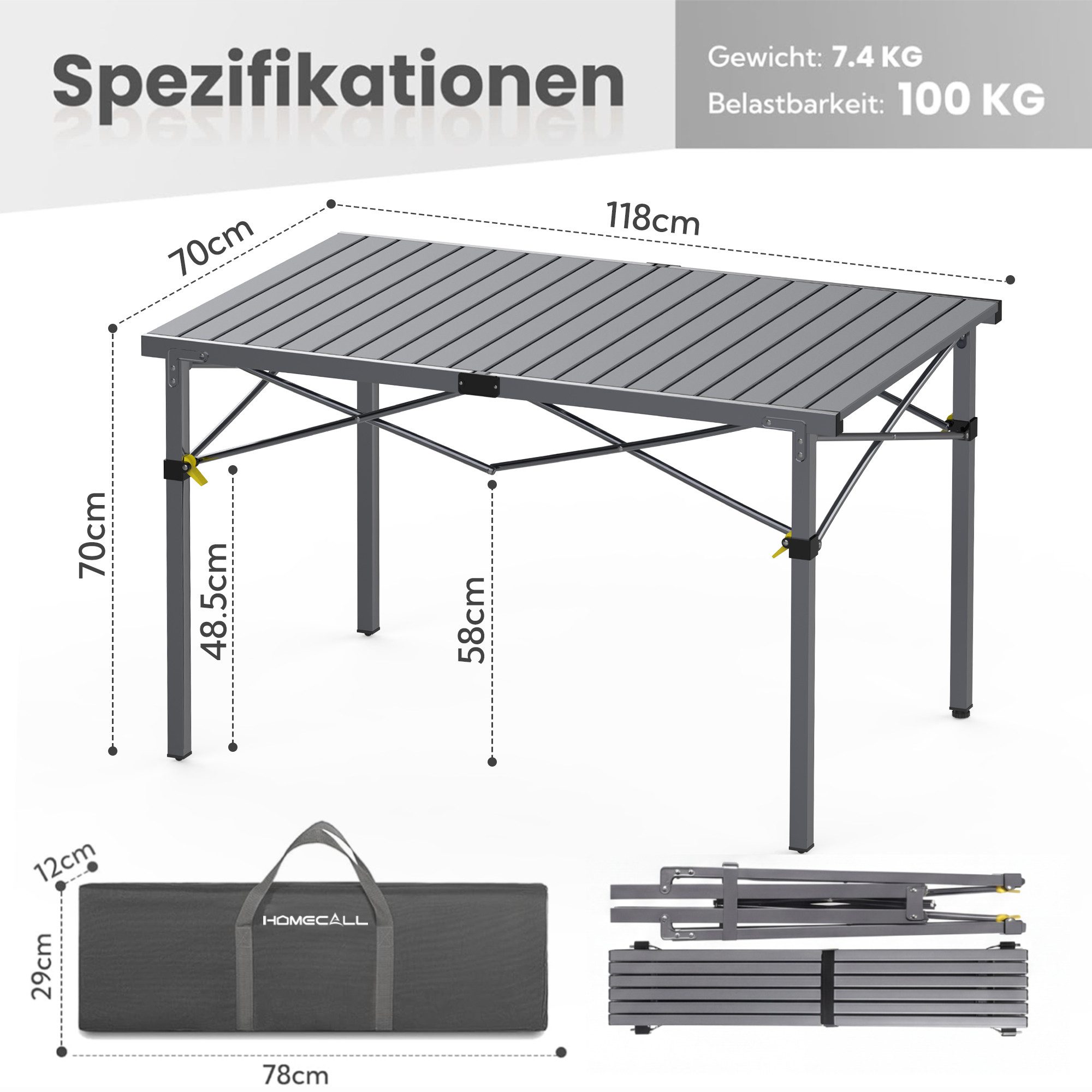 HOMECALL Klapptisch Campingtisch Klappbar Balkontisch Gartentisch Tragbar Outdoor Tisch, Robust, stabil, für 4-6 Personen