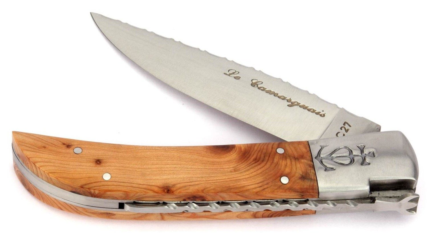 Le Camarguais Taschenmesser 20090C, Griff 12cm Wacholder - Feder, Platine verziert - Stahl satiniert