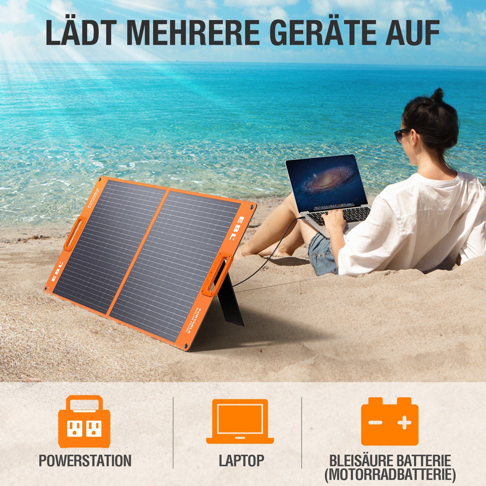 EBL Solaranlage Faltbares 100W Solarmodul, Monokristallin, für Powerstation, 100,00 W, Monokristallin, (1-St)
