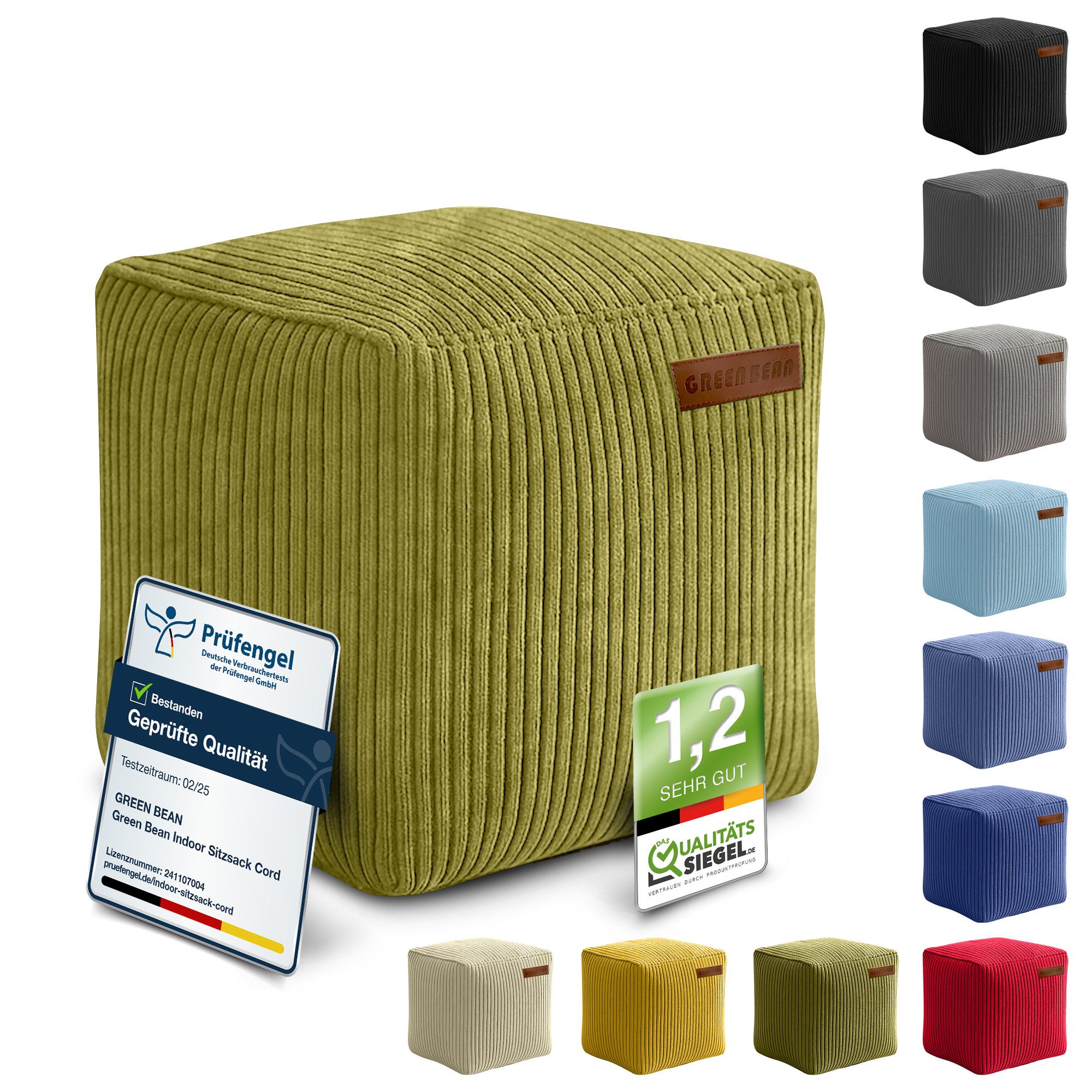 Green Bean Pouf Cube Cord (Indoor Sitzhocker Sitzkissen Fußhocker Relax-Sessel, Made in Germany), die ideale Ergänzung zum Sitzsack