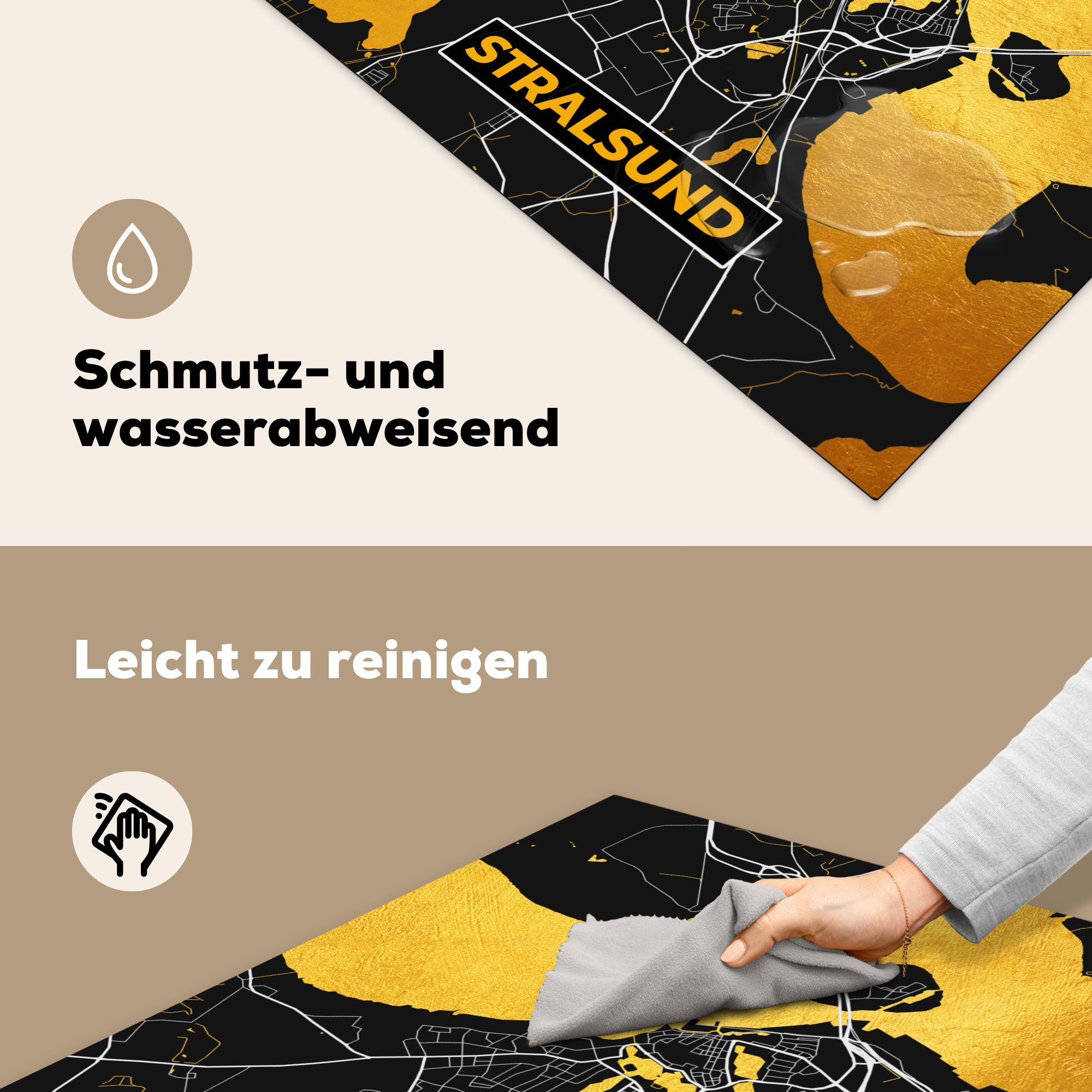 MuchoWow Herdblende-/Abdeckplatte Deutschland Ceranfeldabdeckung, Gold - tlg), küche Arbeitsplatte und cm, - Schwarz - Stralsund (1 Vinyl, für 78x78 - Karte, Stadtplan