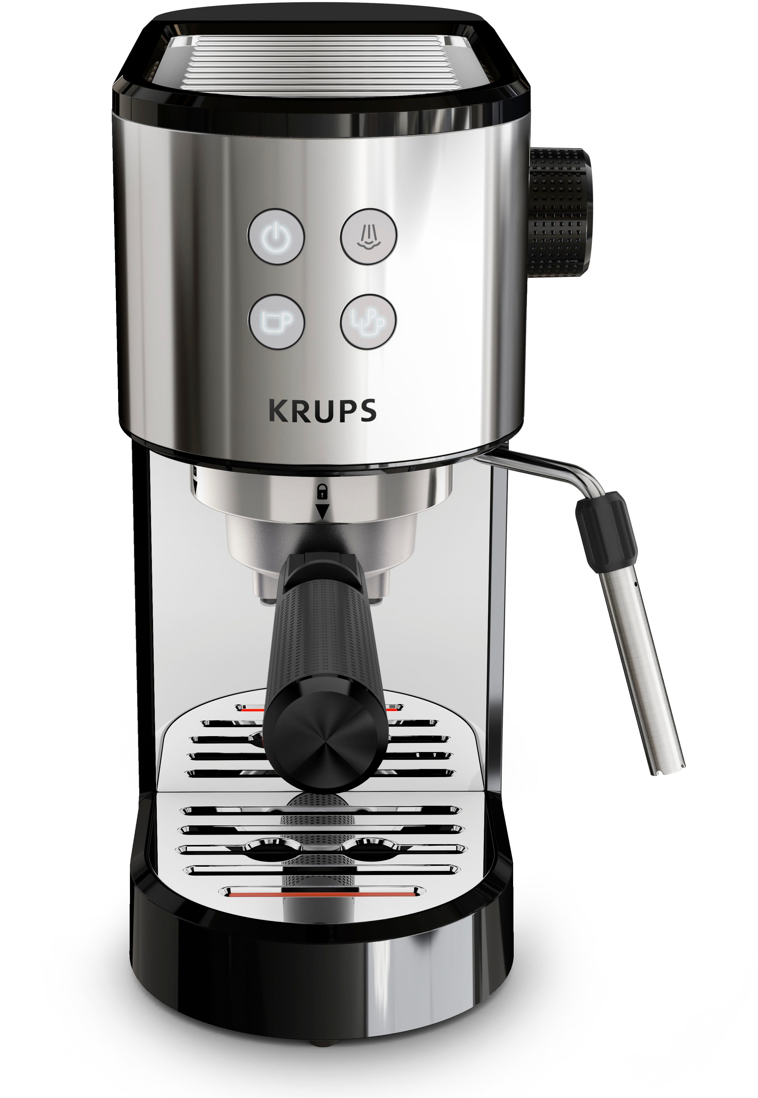 Krups Espressomaschine XP4418 Virtuoso Essential, Siebträger, Edelstahl-Applikationen, schlankes kompaktes Design, 2 Filtereinsätze