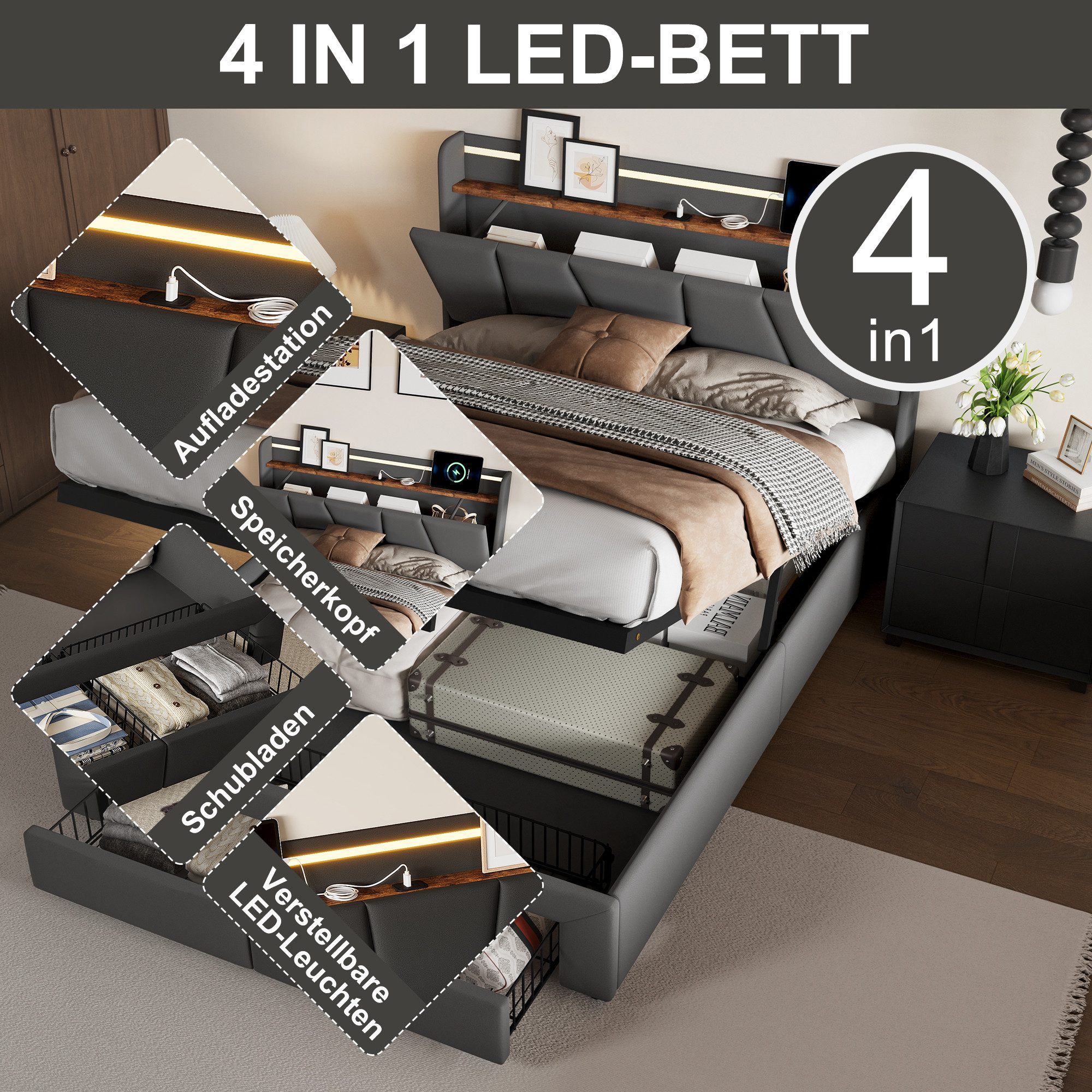 Yelenaro Polsterbett LED Stauraumbett mit Schubladen und Ladefunktion (mit hydraulischer Stauraum,Grau,Leinenstoff), Doppelbett mit LED-Beleuchtung,Jugendbett 1 – Bild 4 von 5