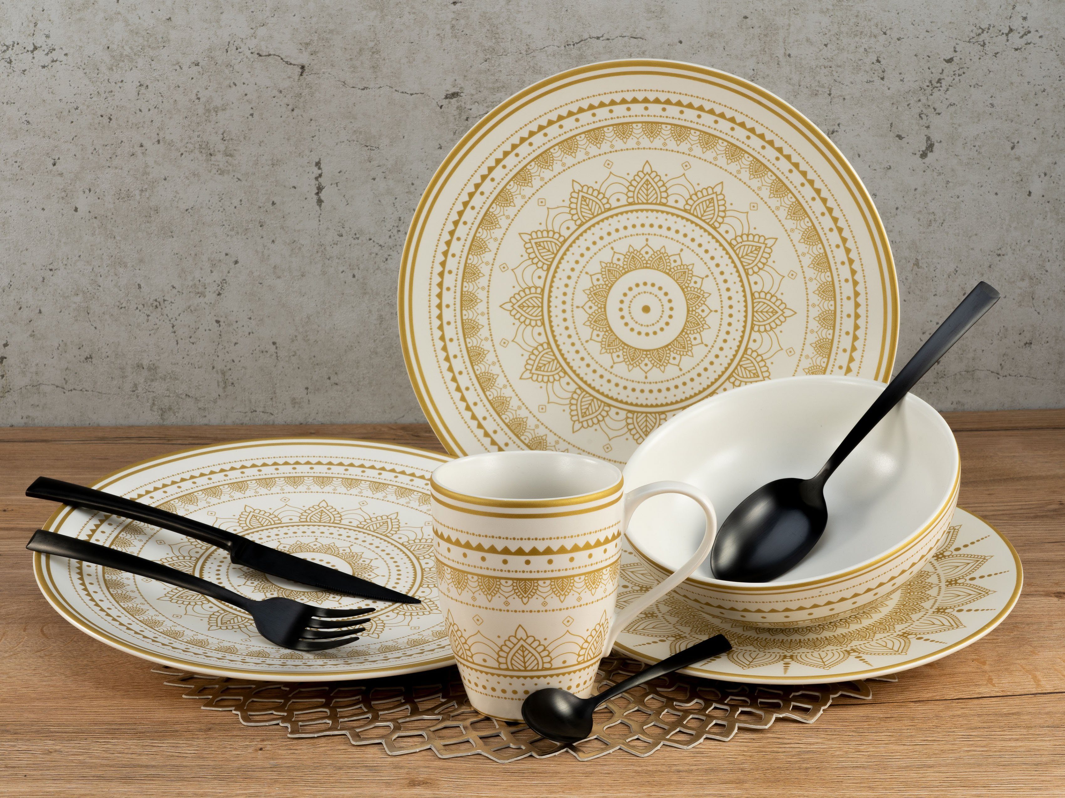 CreaTable Kombiservice Geschirr-Set Mandala Gold (8-tlg), 2 Personen,  Steinzeug, Service, goldene orientalische Motive, 8 Teile, für 2 Personen,  Orientalische, fernöstliche Motive