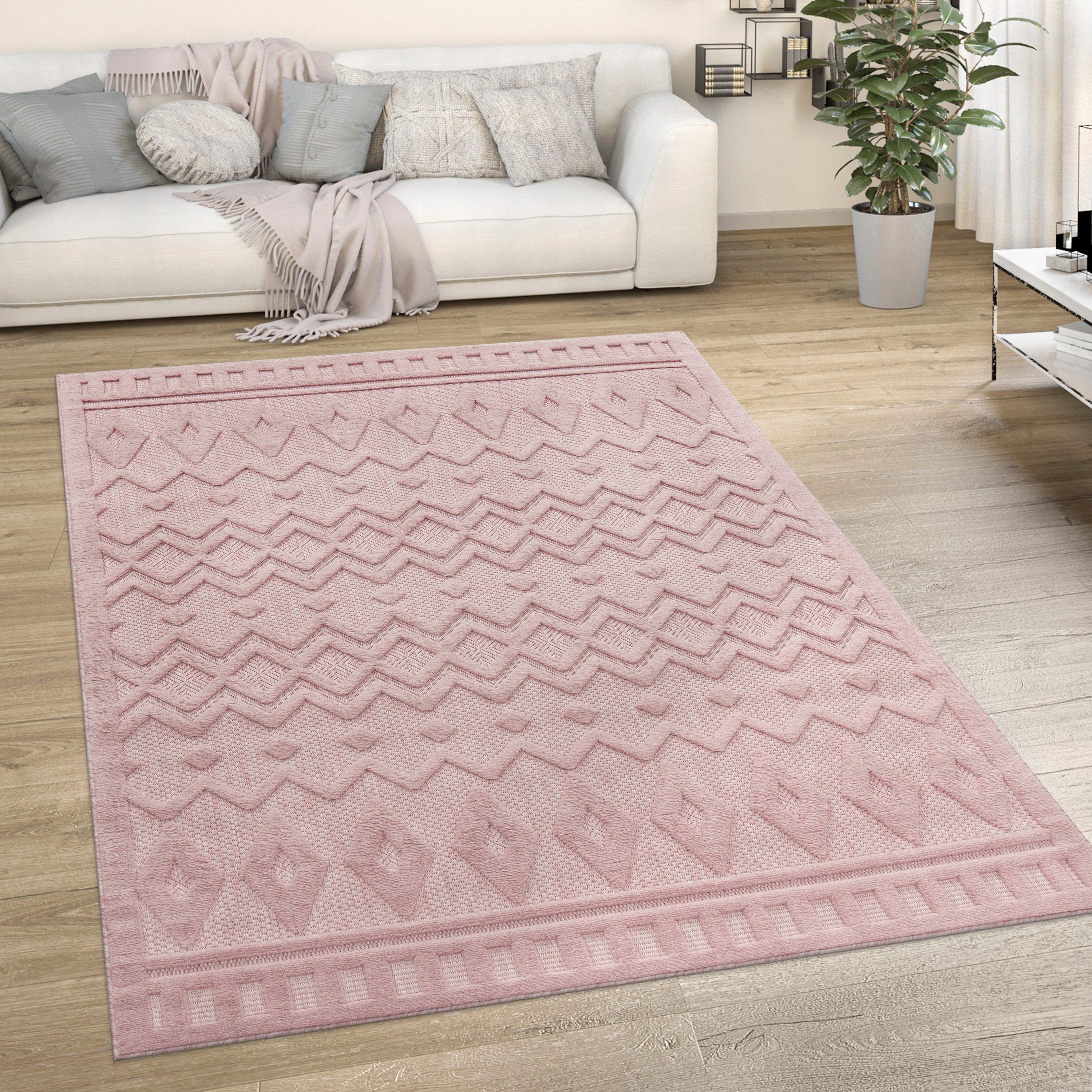 Teppich Livorno 671, Home, Scandi, 14 geeignet Outdoor mm, Effekt, Paco rechteckig, Muster, Uni-Farben, Rauten Hoch-Tief pink Höhe