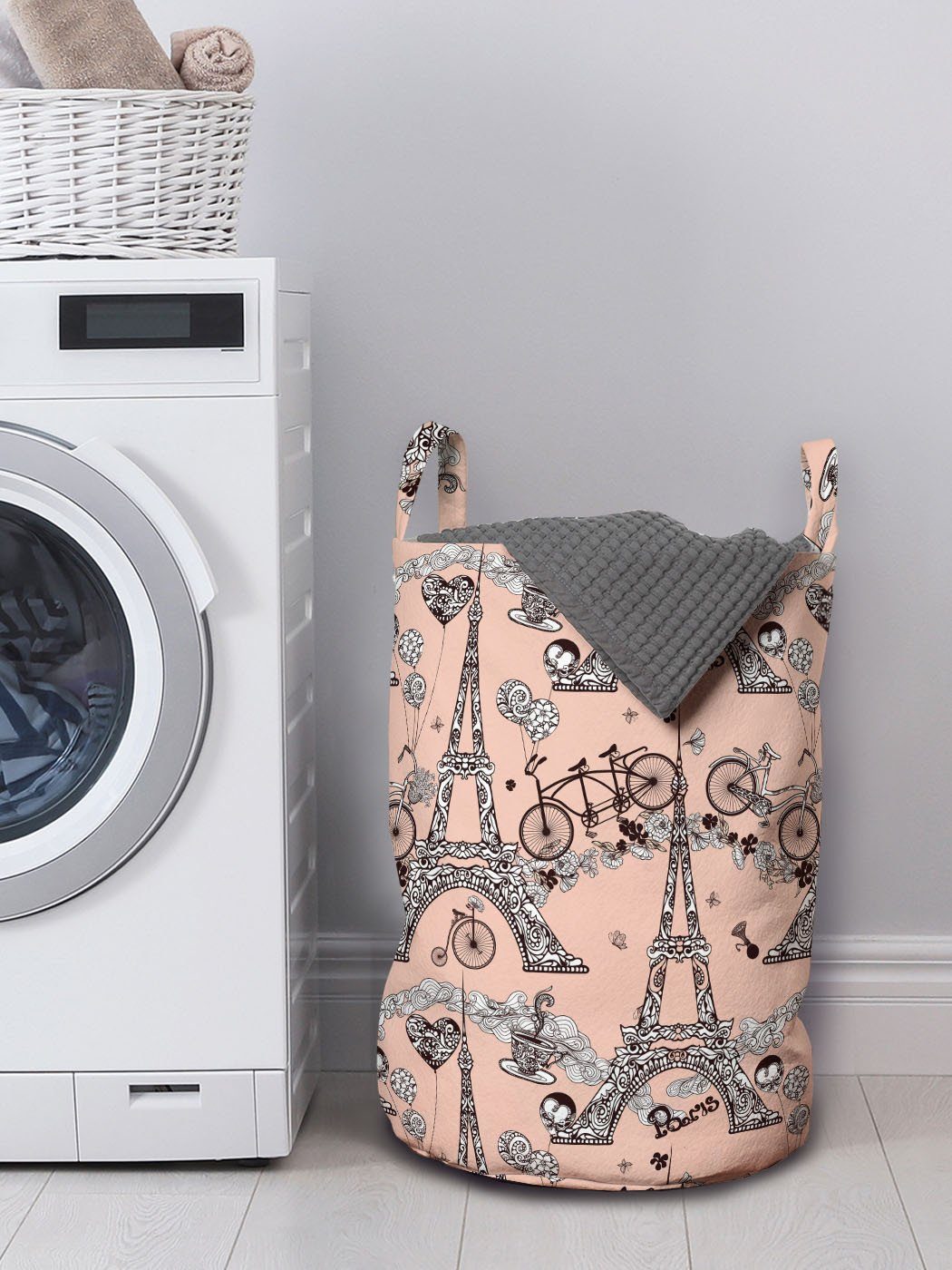 Wäschesäckchen Abakuhaus Wäschekorb Kordelzugverschluss Retro Eiffel mit Griffen Zeichen Waschsalons, für