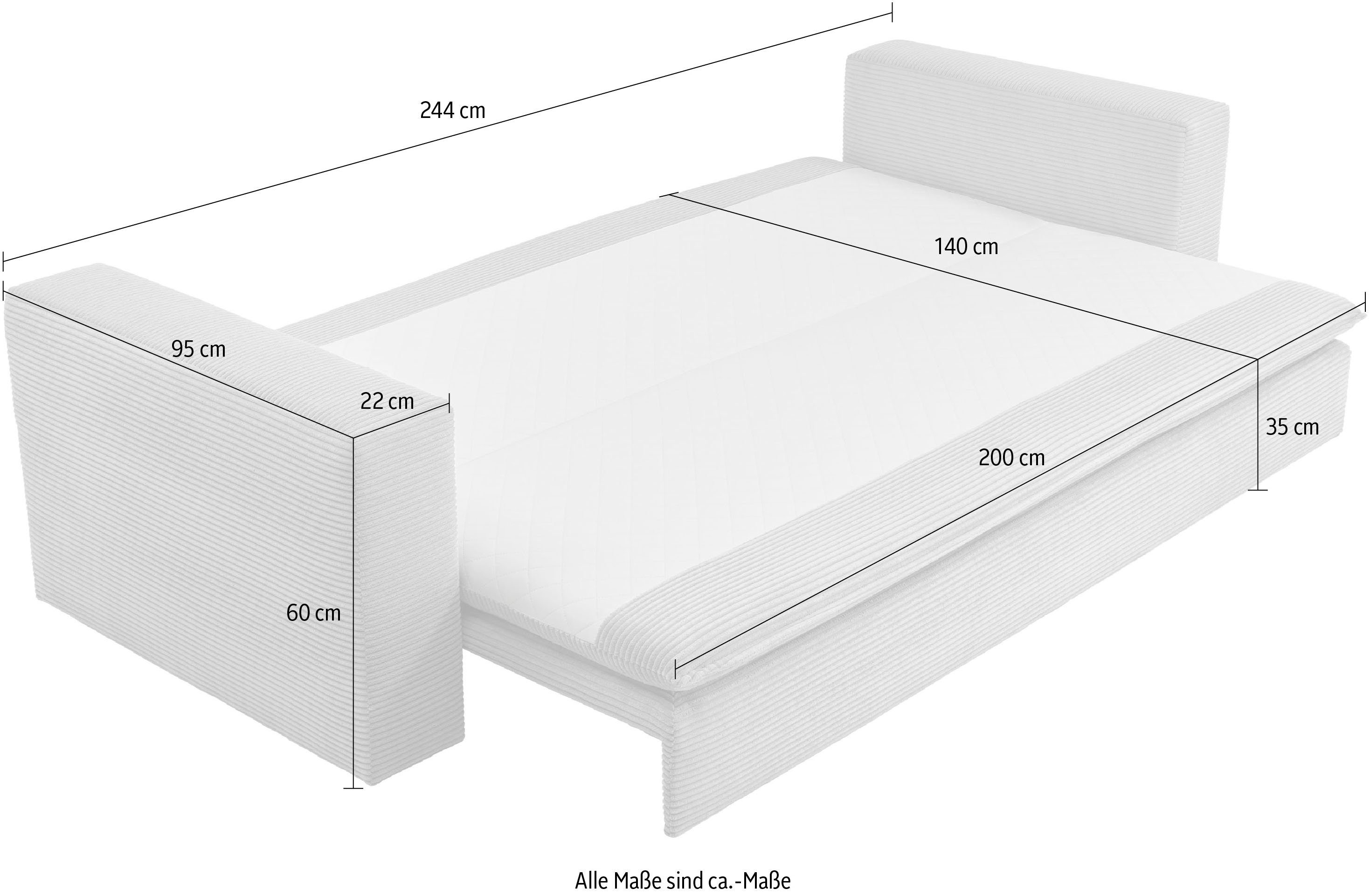 Style 3-Sitzer Bettfunktion Hellbraun mit Topper mit Places und Cord-Bezug praktischem Bettkasten, of - PIAGGE,