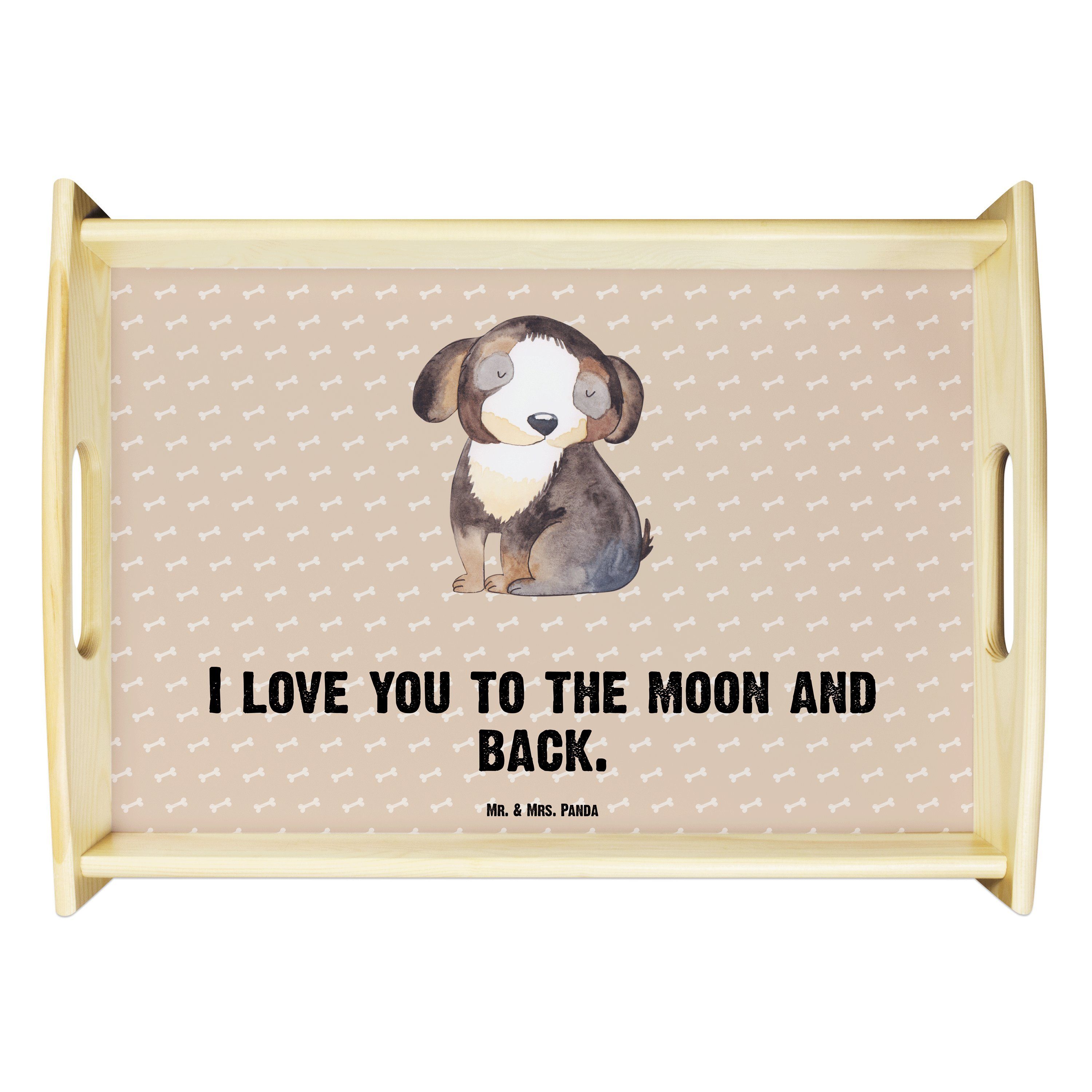 Mr. & Mrs. Panda Tablett Hund entspannt - Hundeglück - Geschenk, Küchentablett, Frühstückstabl, Echtholz lasiert, (1-tlg)