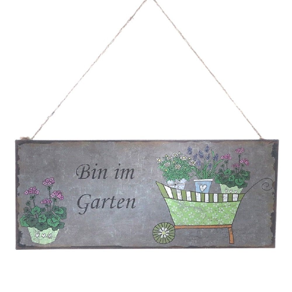 Linoows Metallschild Blechschild, Wandschild, "Bin im Garten", 13x31 cm, Lustiges buntes Gartenschild Schild mit Juteanhänger