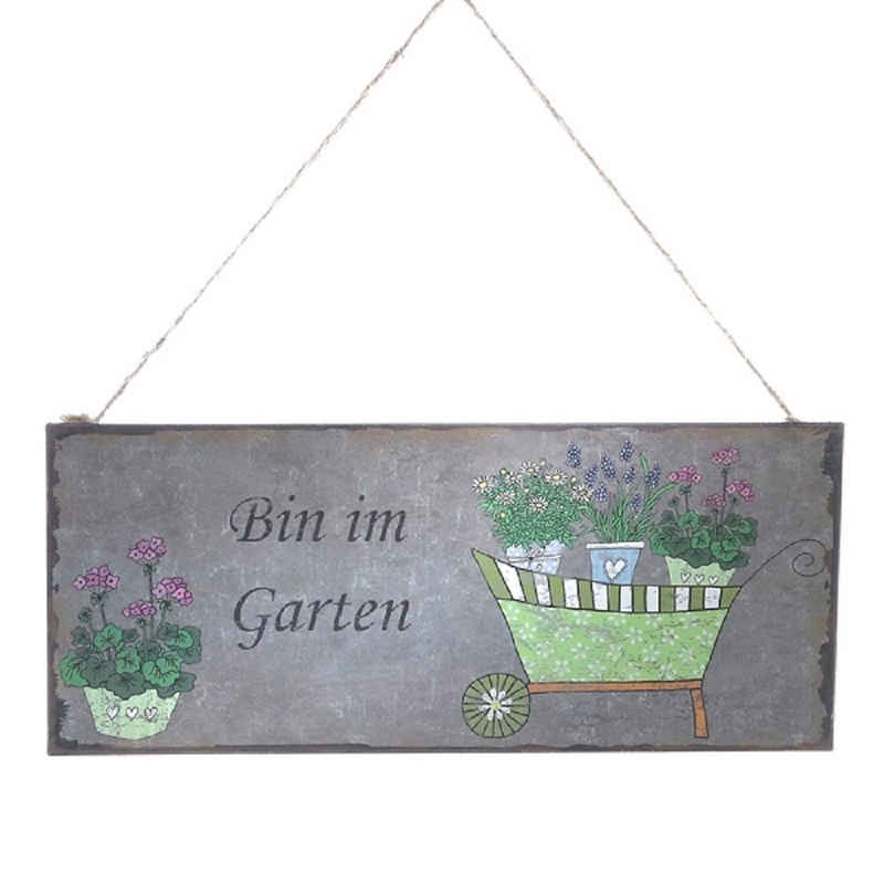 Linoows Metallschild Blechschild, Wandschild, "Bin im Garten", 13x31 cm, Lustiges buntes Gartenschild Schild mit Juteanhänger