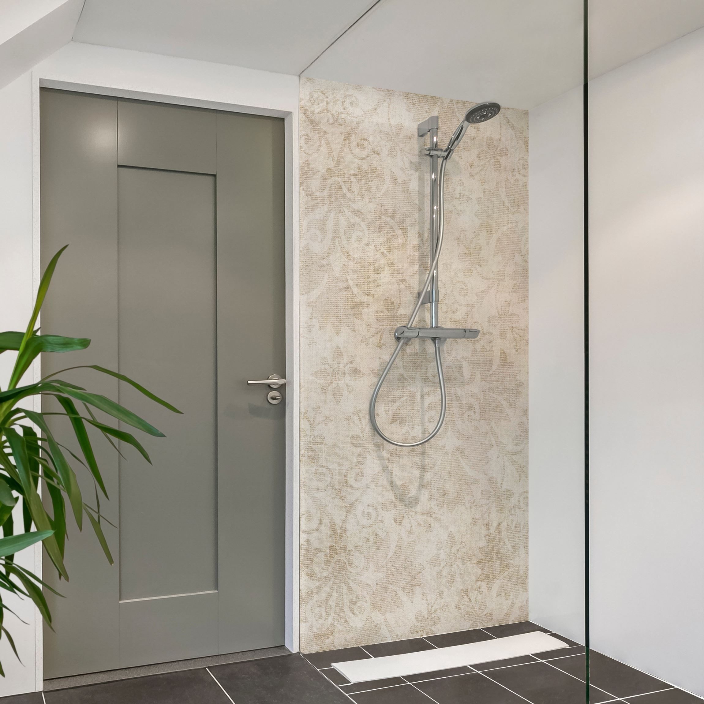 Bilderdepot24 Duschrückwand Muster beige Duschrückwand ohne Bohren Dusche Shabby, (1-tlg., 0,61 mm starke Folie selbstklebend Wandpaneele Dusche versch. Größen), fugenlose & wasserfeste Motiv Rückwand Wandverkleidung für Duschkabine