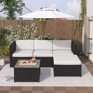 Ulife Gartenlounge-Set Schwarzes Lounge-Set aus Polyrattan, Gartenmöbel mit 4 Sitz, (Set, 1 Tisch, 1 Sofa, 1 Hocker), Stahlrahmen, inkl. 4 Sitzkissen und 3 Rückenkissen