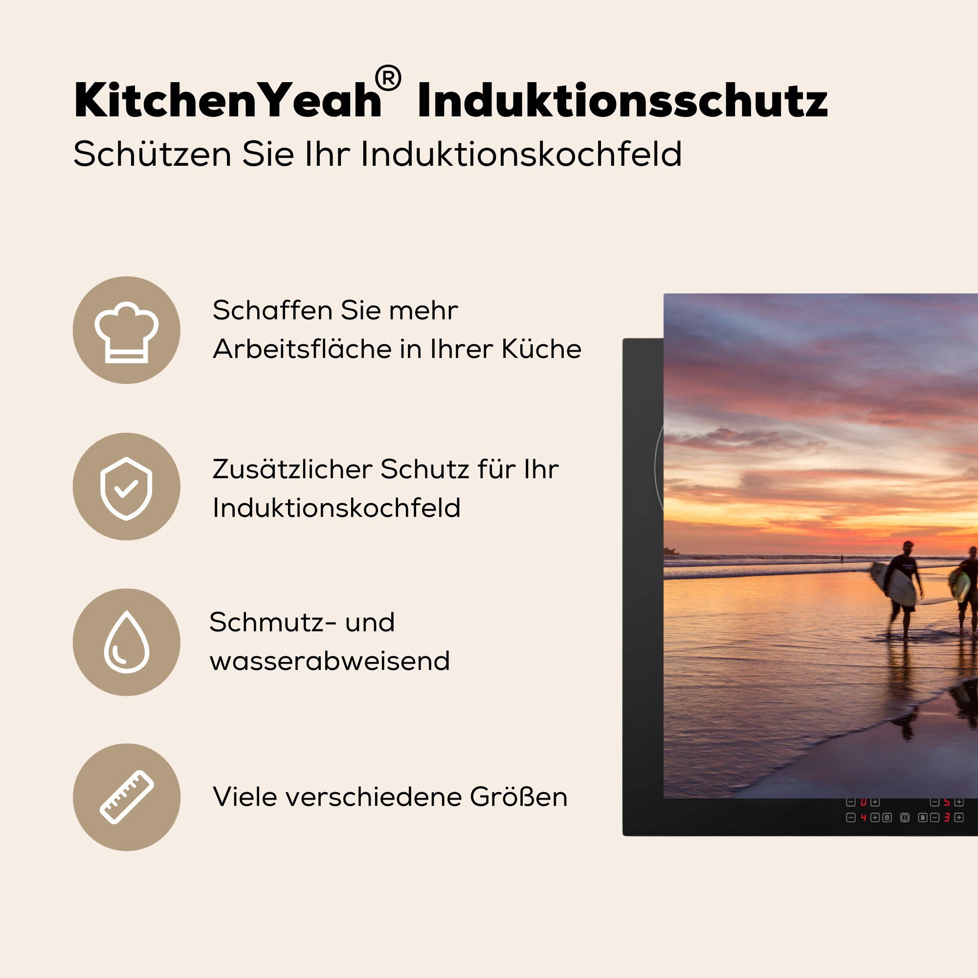 MuchoWow Herdblende-/Abdeckplatte Drei Surfer Induktionskochfeld tlg), für 81x52 bei Schutz küche, die (1 cm, Sonnenuntergang, Vinyl, Ceranfeldabdeckung