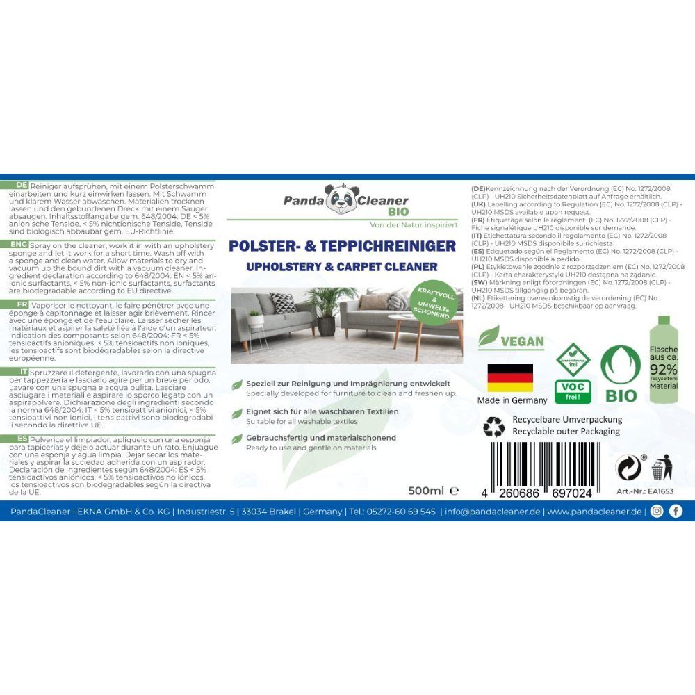 PandaCleaner Polster- & Teppichreiniger [3-St. + Spray 1 x (Set, Sprühkopf & 500ml) Reiniger Bürste Polsterreiniger