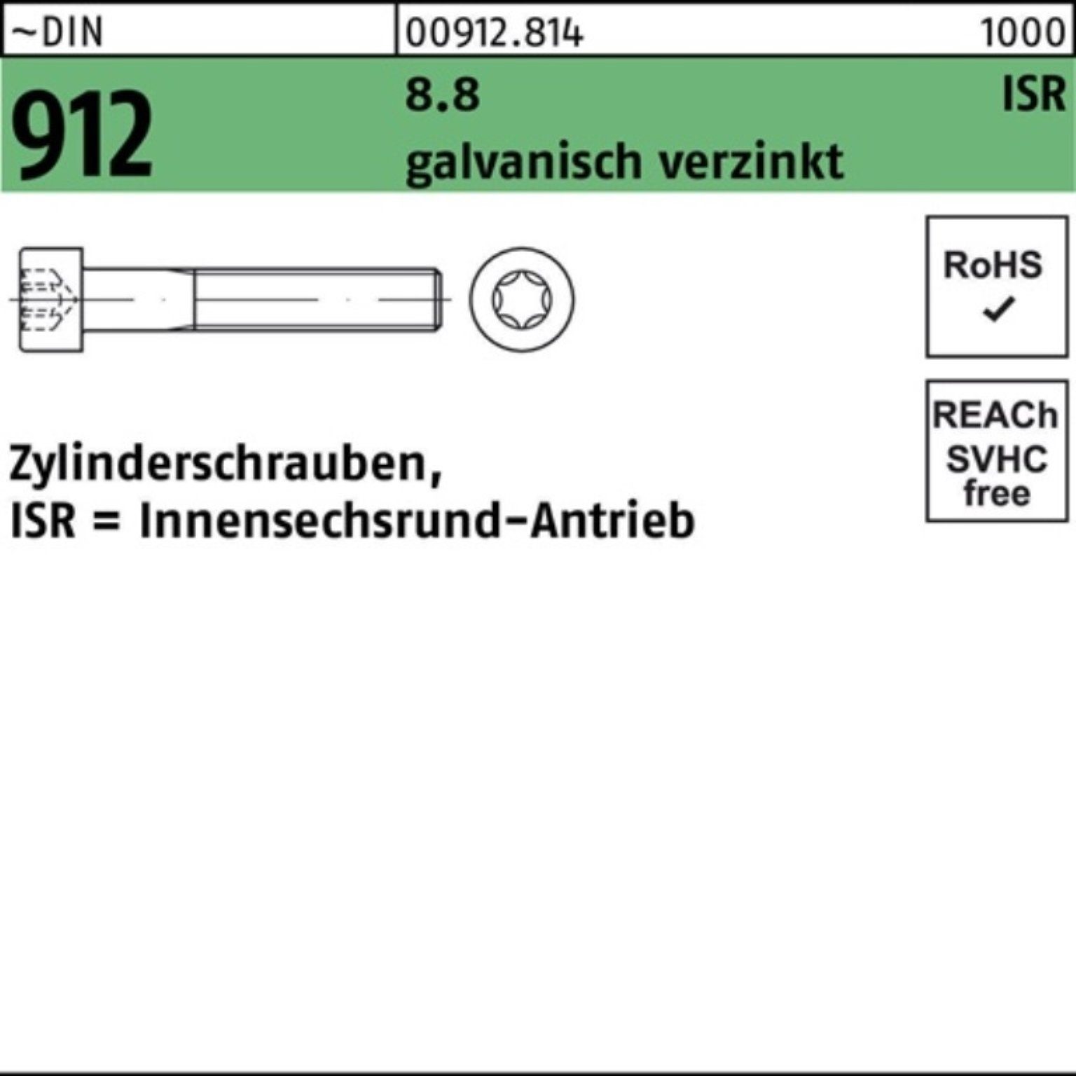 Reyher Zylinderschraube 200er Pack Zylinderschraube DIN 912 ISR M6x20-T30 8.8 galv.verz. 200St