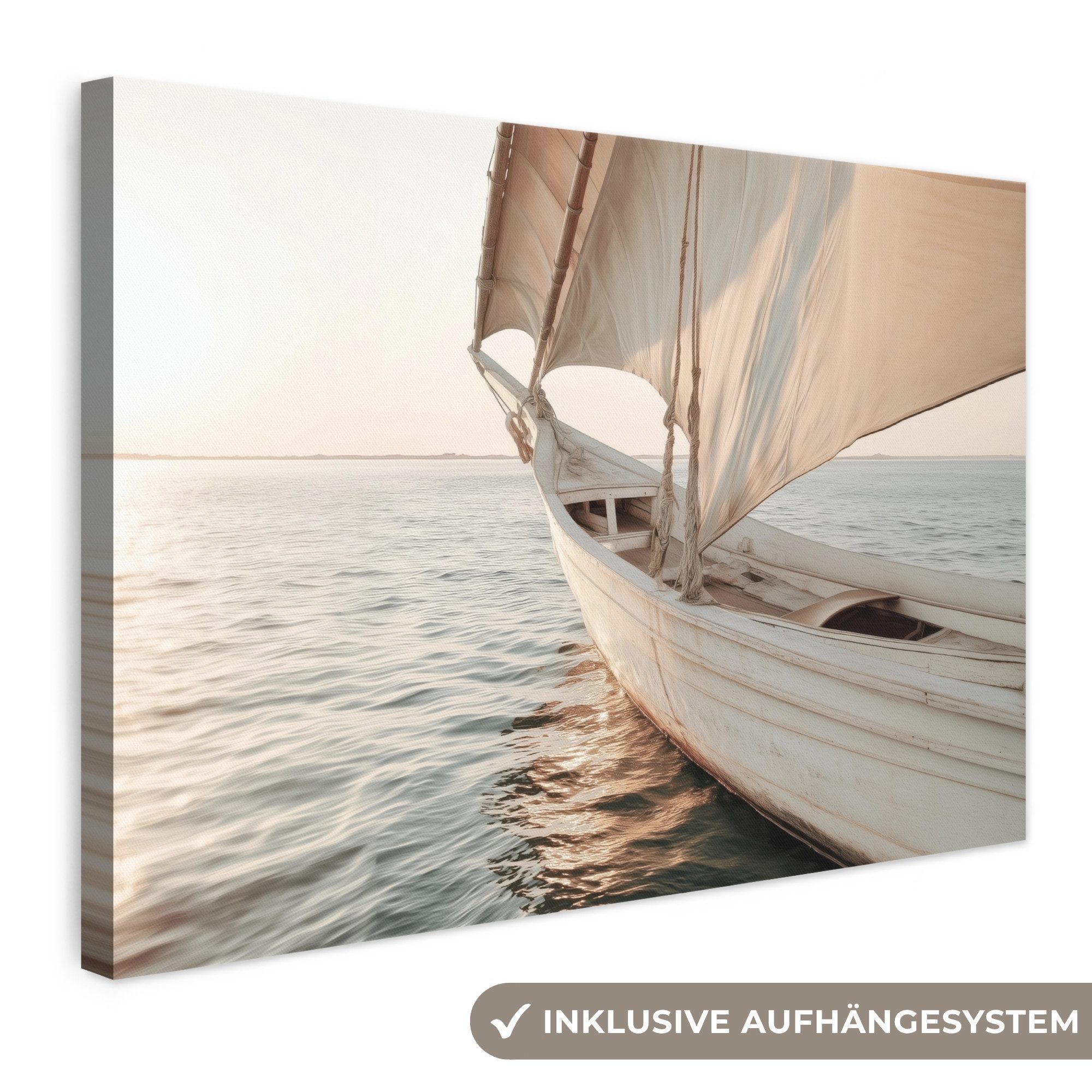 OneMillionCanvasses® Leinwandbild Segelboot - Meer - Beige - Sonne, Fotodruck (1 St), Leinwand Bilder Klein, Wand Dekoration Aesthetic 30x20 cm