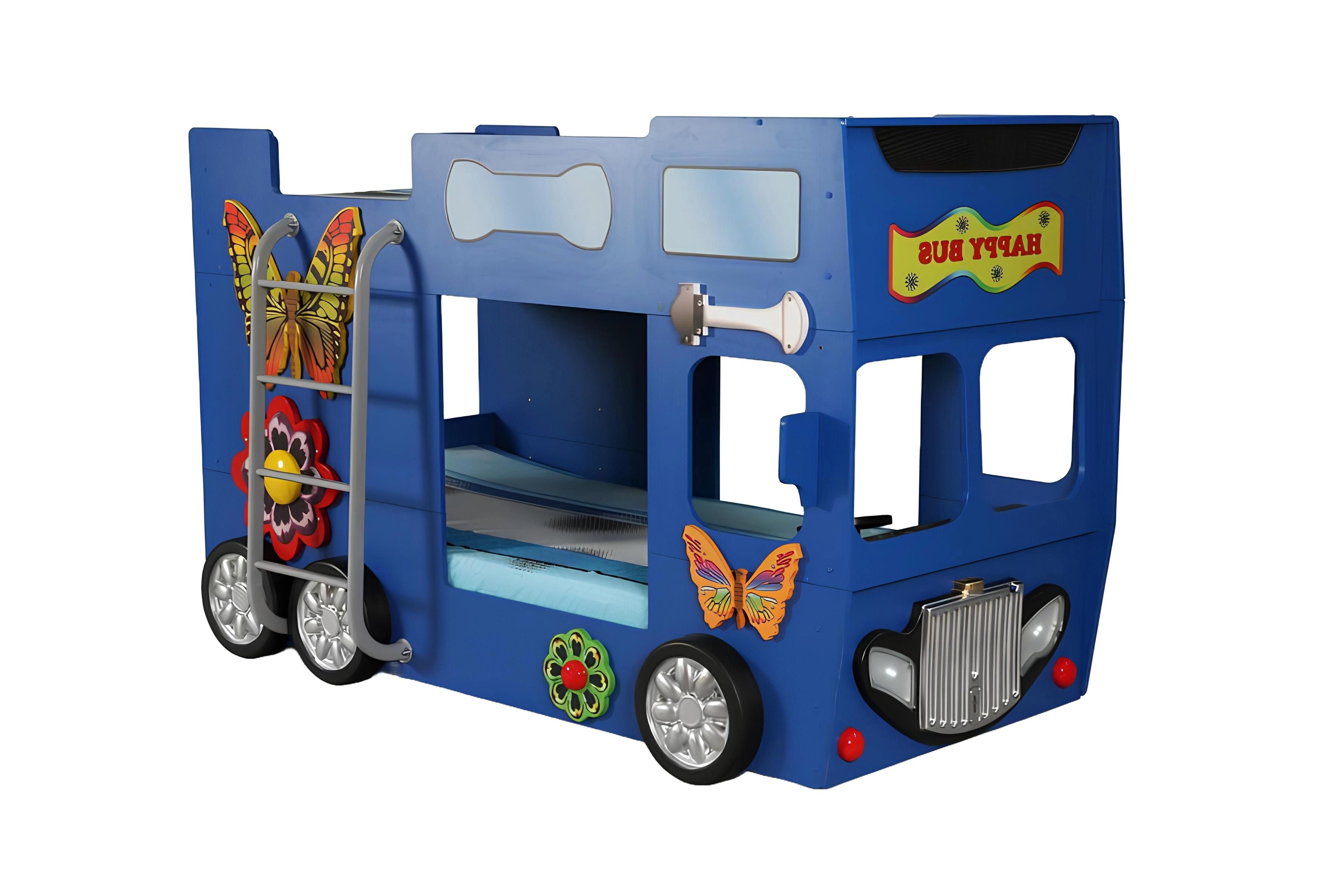 Xlmoebel Bett Stilvolles Kinderbett aus Holz in Blau mit Feuerwehr-Autobett (Doppelstockbett Kinderbetten Happy Bus Blau), Hergestellt in Europa