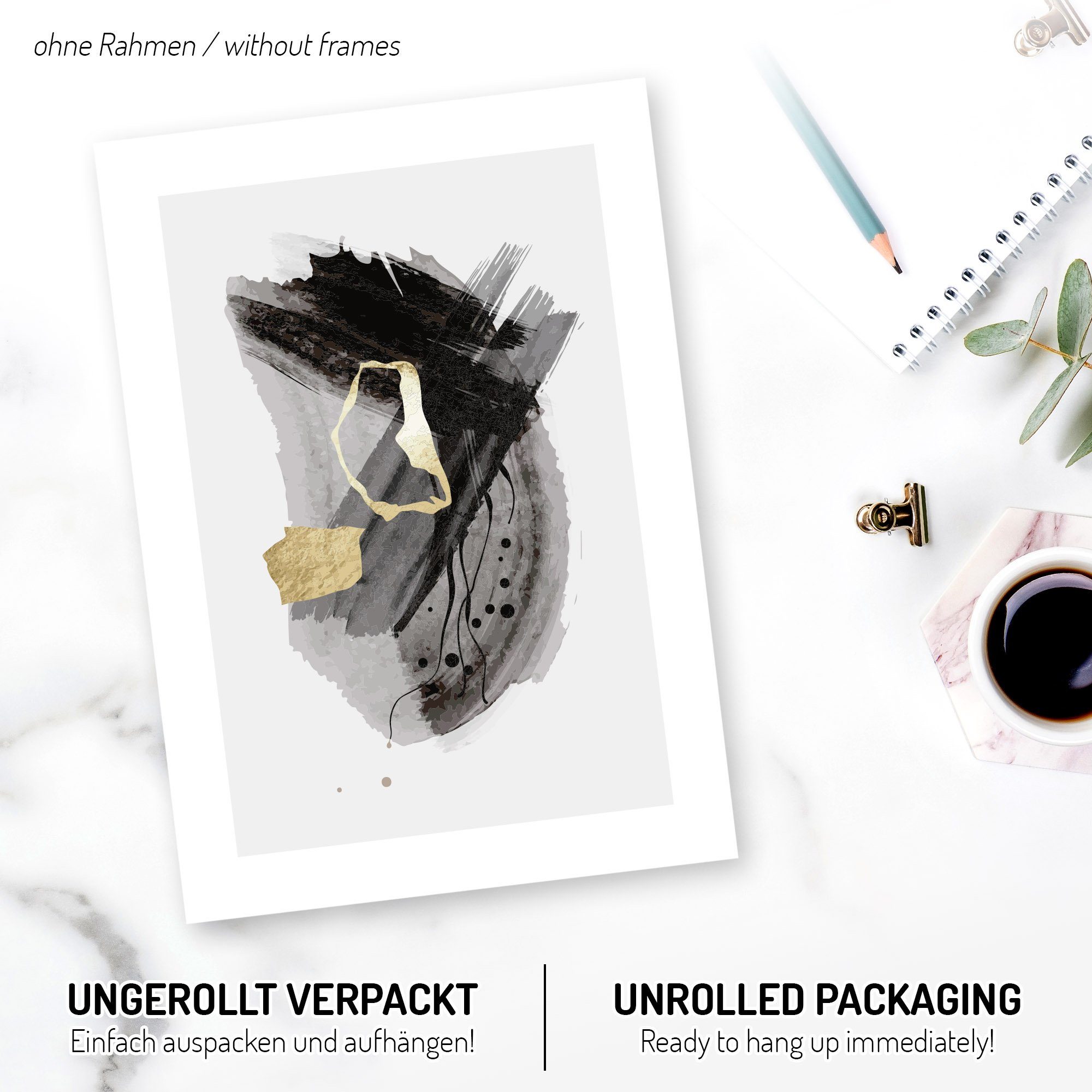 Kreative Feder Poster Abstrakt Grau, Abstrakt (Set, 3 St), 3-teiliges Poster-Set, Wandbild, optional mit Rahmen, DIN A4 oder A3