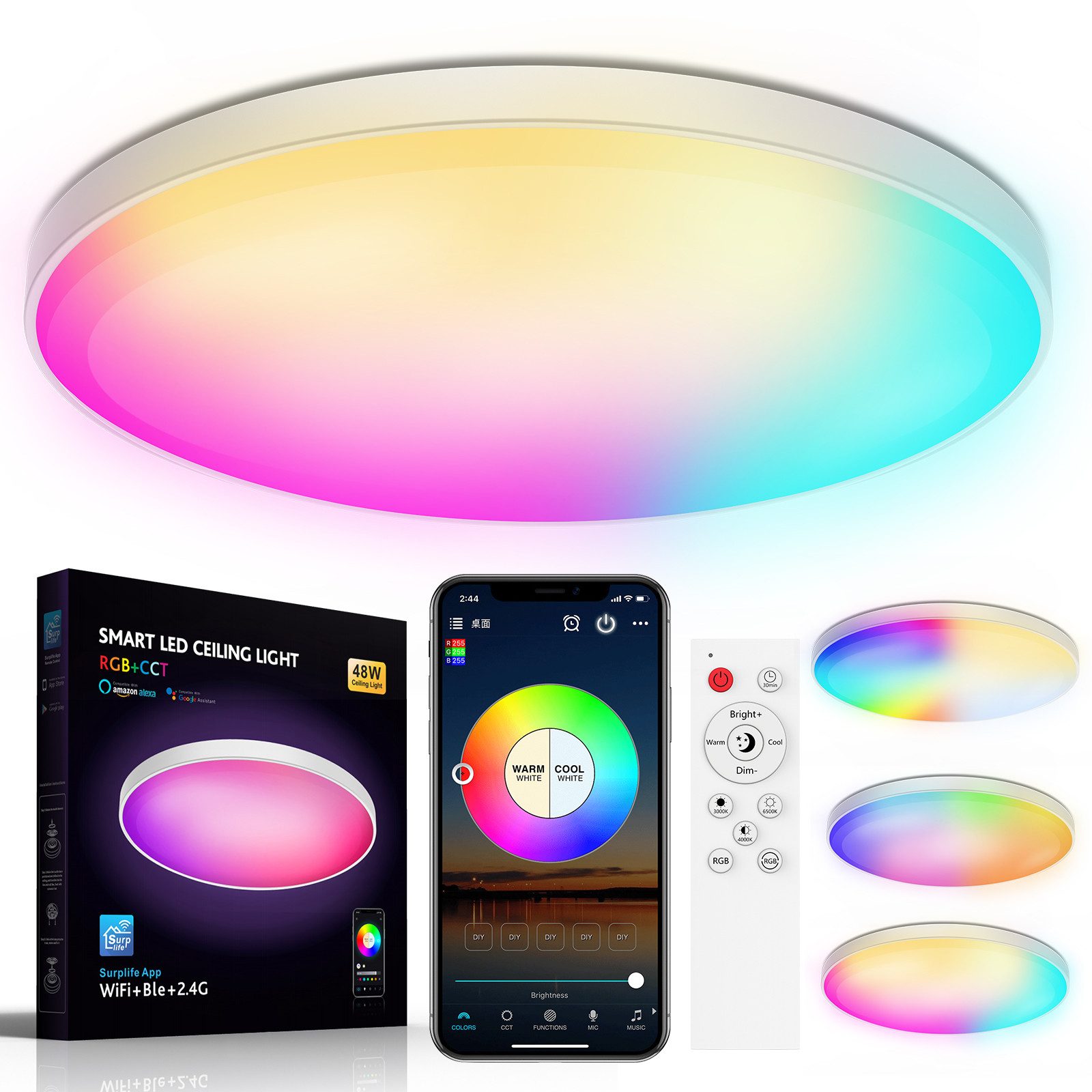 Deckenleuchte Dimmbar LED Deckenlampe Rund mit Fernbedienung, Smart Umgebungslicht