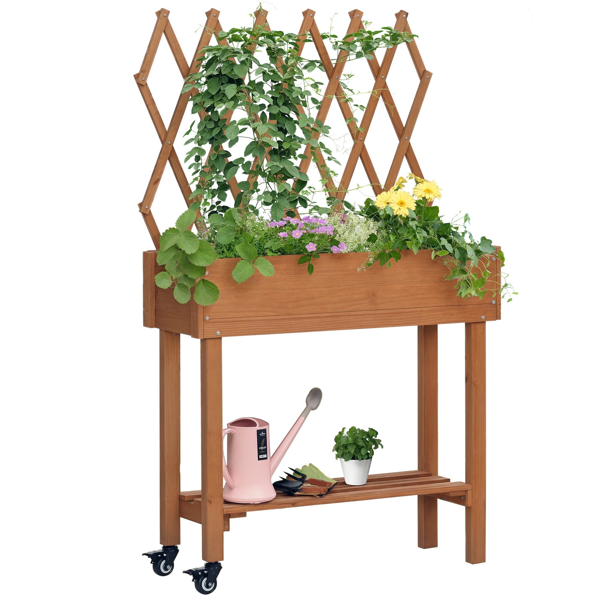 Outsunny Hochbeet Pflanzkübel mit Rollen, für Terrasse, Massivholz, 79 x 29 x 130 cm (Pflanzkasten, 1 St., Blumenkasten), für Garten, Balkon, Braun