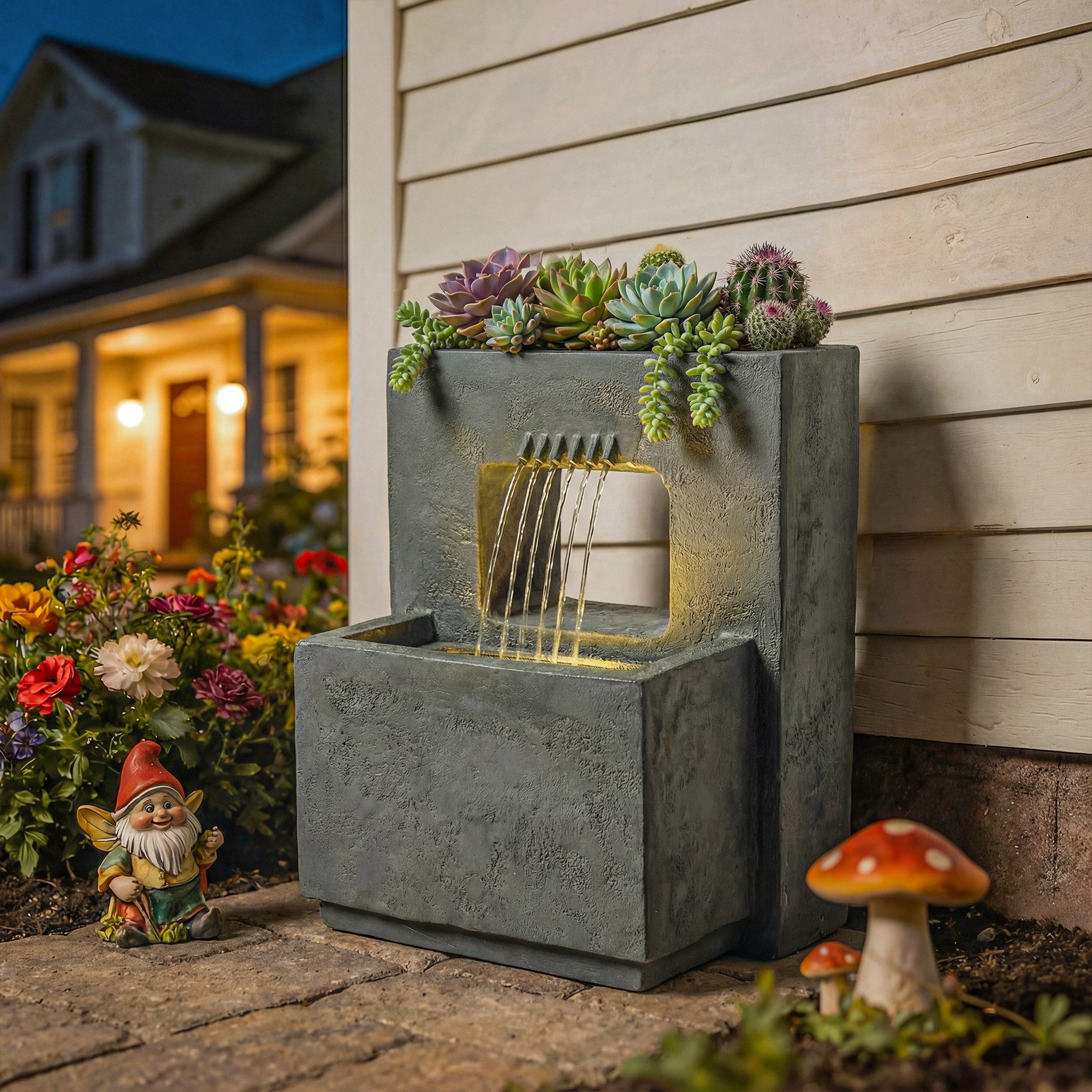 Outsunny Gartenbrunnen mit LED Beleuchtung, Pflanzkübel, Pumpe, Steinoptik, 45 cm Breite, Wasserbecken BxT: 31.5x31.5 cm, (Springbrunnen, 1 tlg., Zimmerbrunnen), für Garten Rasen 45 x 31,5 x 58,5 cm