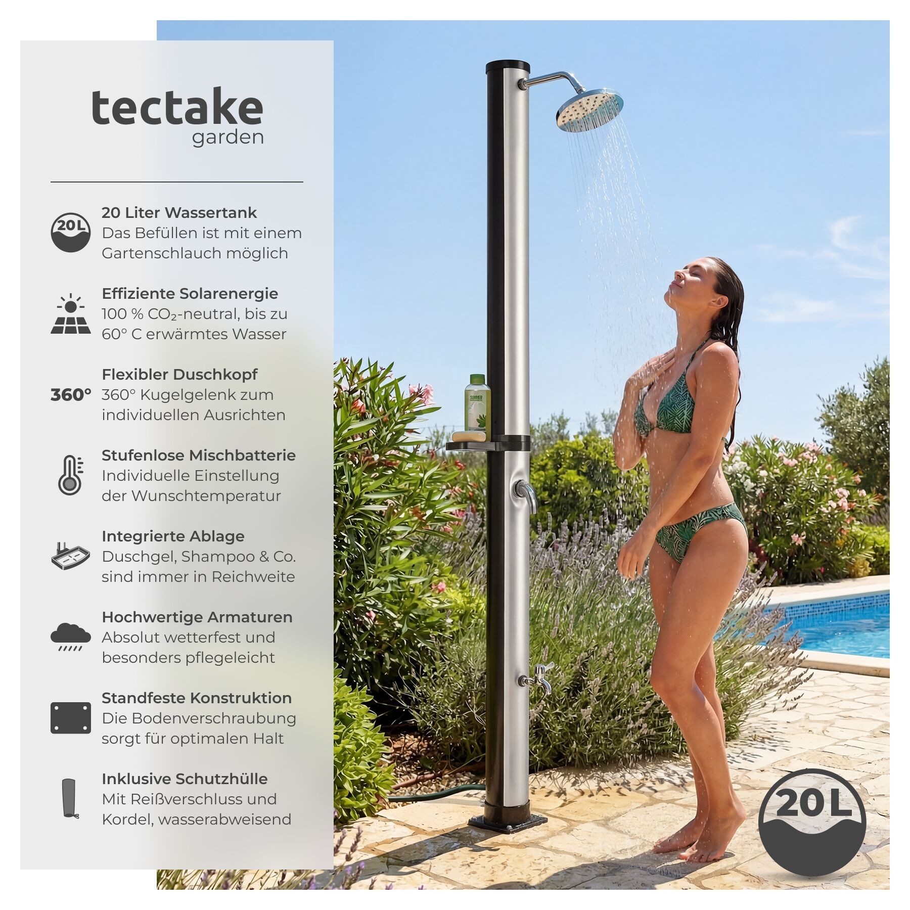 tectake Gartendusche Solardusche - 20 l Warmwasser im Freien (Freiluftdusche Tinto, 1 St., in Schwarz/Silber), Stufenlos einstellbare Mischbatterie