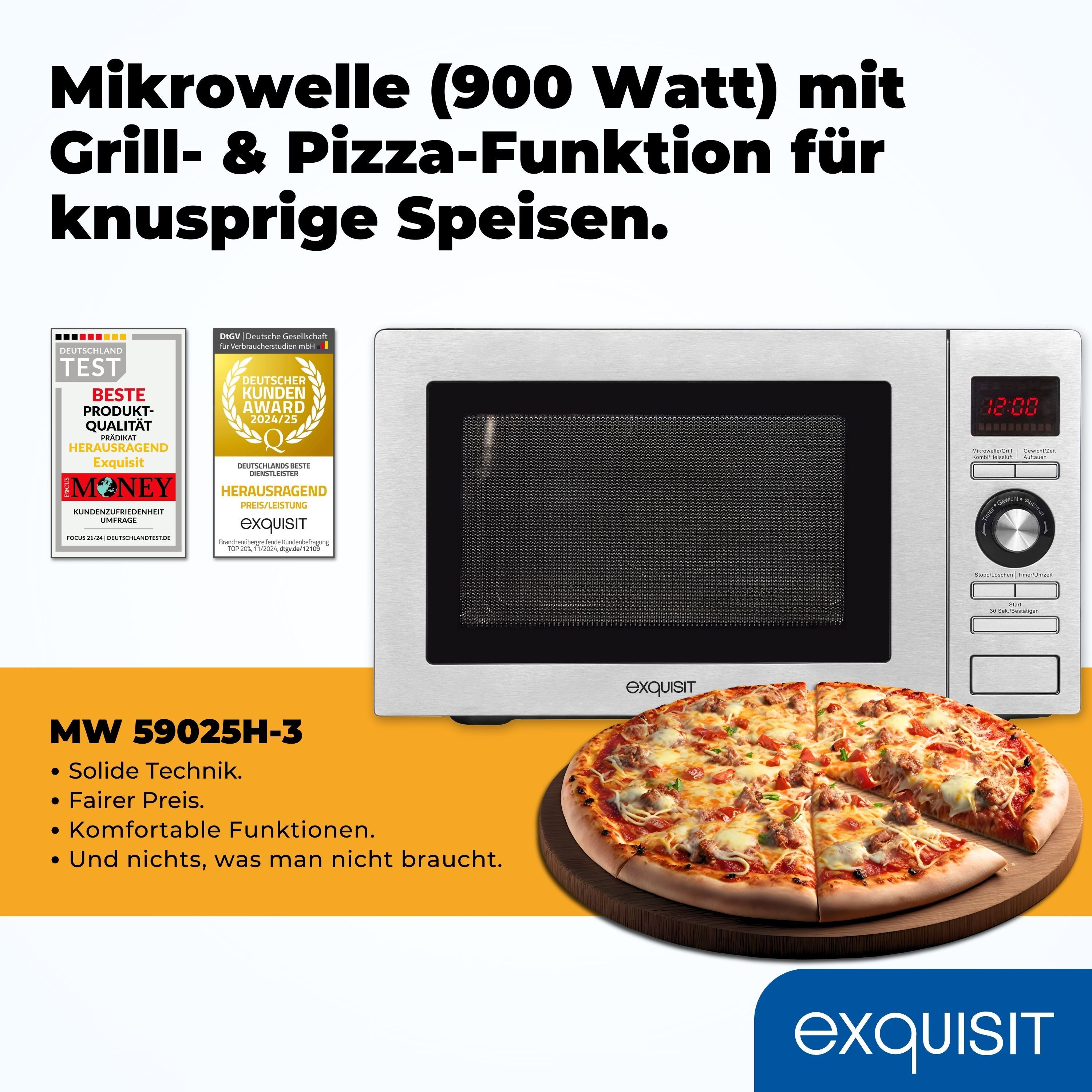 exquisit Mikrowelle MW 59025H-3, Mikrowelle, Grill, Heißluft, 25,00 l, 900 Watt, Grillfunktion, Heißluftfunktion, Timer, Pizzapfanne, 25 l