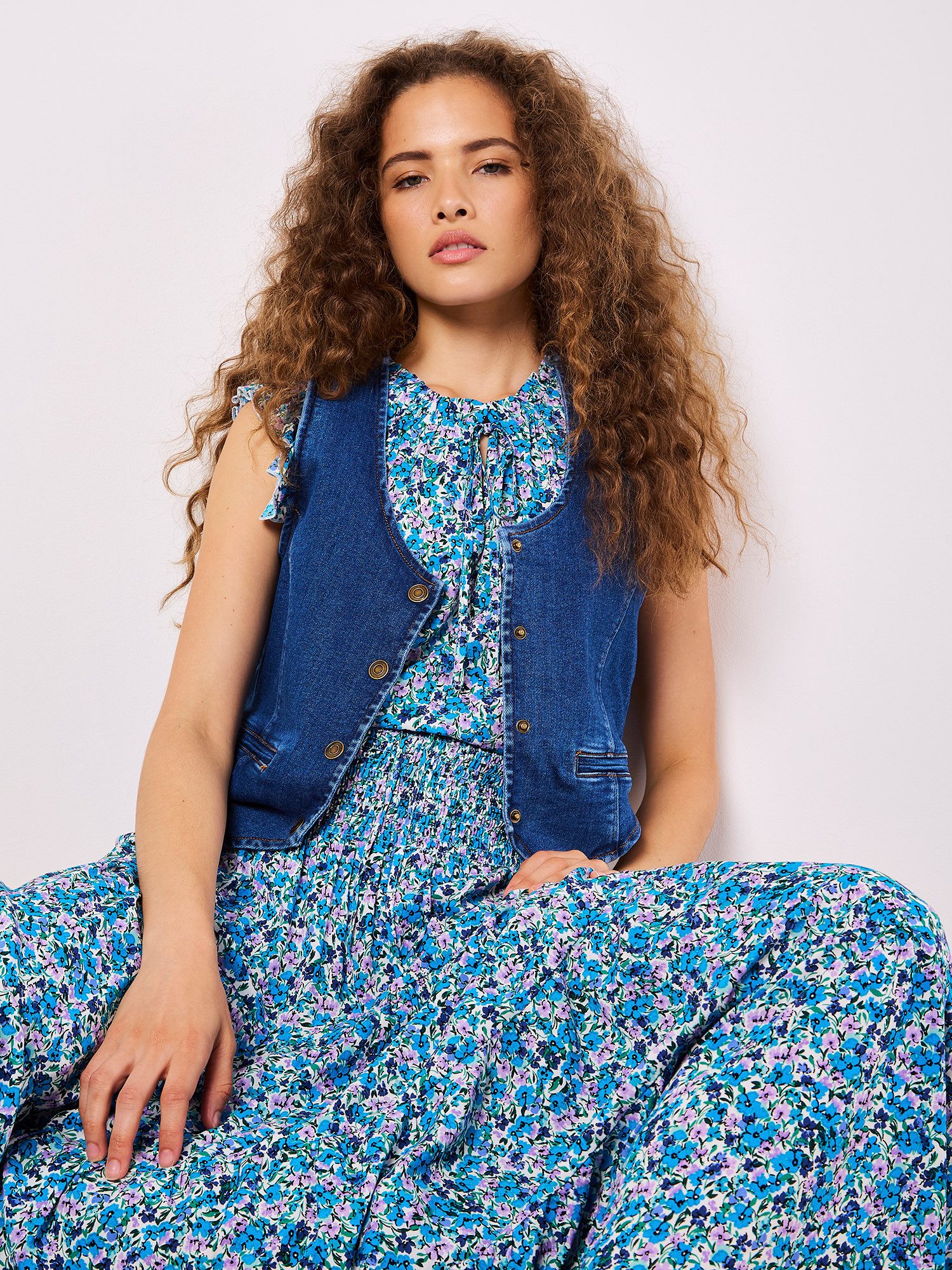 Apricot Maxirock Geblümter, gestufter Maxirock mit gesmoktem Bund