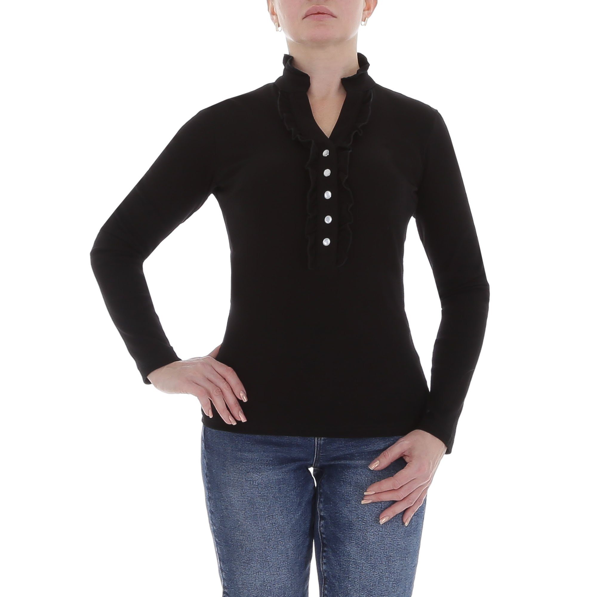 Ital-Design Langarmbluse Damen Elegant (85915903) Rüschen Stretch Top & Shirt in Schwarz