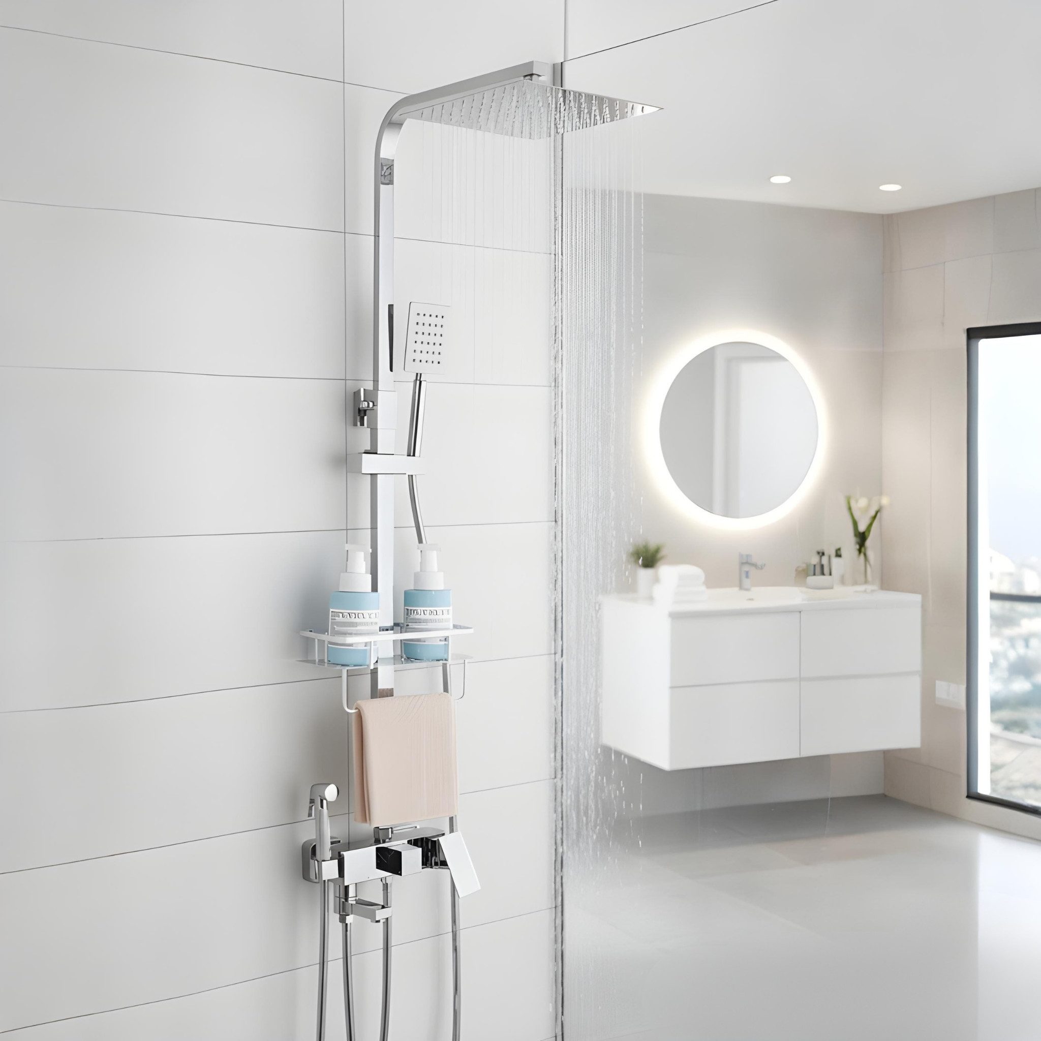 LuxaSteel Duschsystem Duschsystem mit Regendusche, 2 Handbrausen & Ablage, 5 Strahlart(en), Komplett-Set, Thermostat mit Brausegarnitur mit Kopfbrause, 3-fach verstellbare Wellness Handbrause, integrierte Ablage