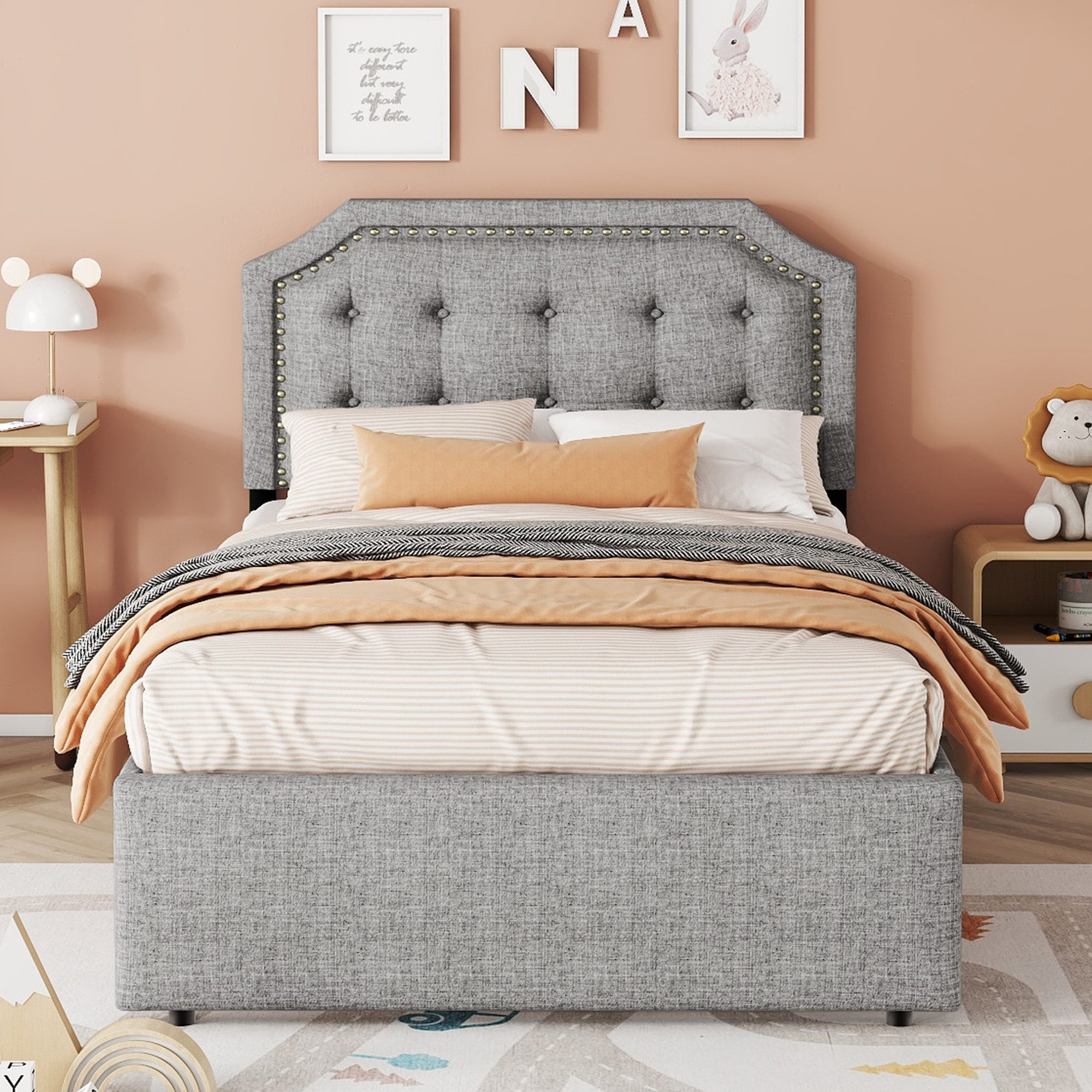 BlingBin Polsterbett Flaches Gepolstertes Bett, Nachttischpolsterung, doppelte Schubladen (1 Set, 1-tlg., 90*200 cm), 90*200 cm mit dekorativen Nieten, Dunkelbeige