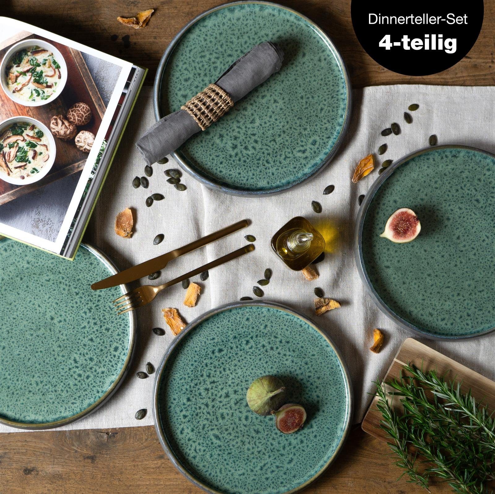 Moritz & Moritz Tafelservice Moritz & Moritz SOLID 4x Dinnerteller Grün (4-tlg), 4 Personen, Steinzeug, Geschirrset zum Servieren
