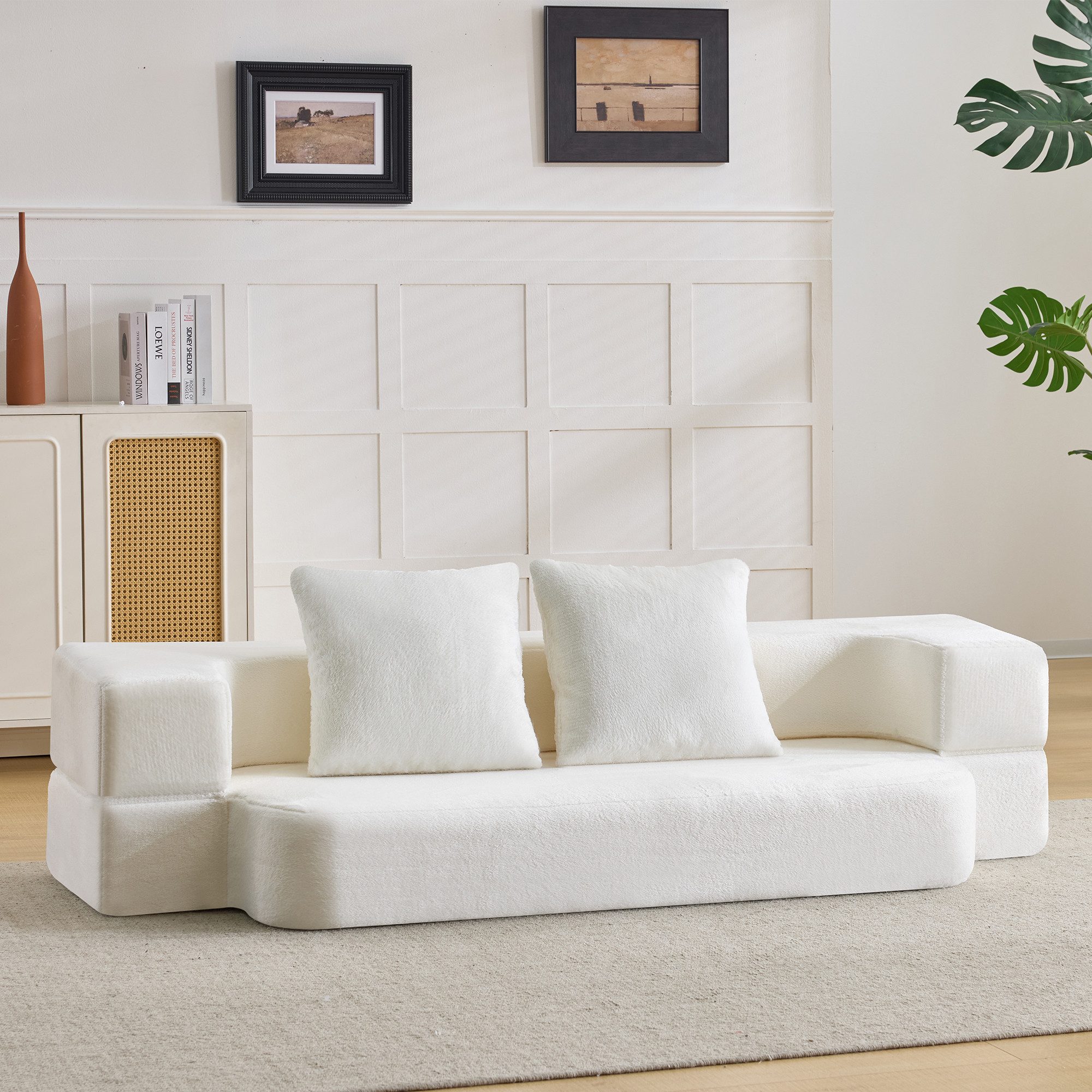 HAUSS SPOLE Schlafsofa verwandelbar,Loungesofa Klappbares Zweisitzer-Sofa mit Kissen,Weiß, Klappbares Zweisitzer-Sofa Multifunktionales Schlafsofa mit Rückenlehne, Polstersofa für Wohn- und Schlafbereich