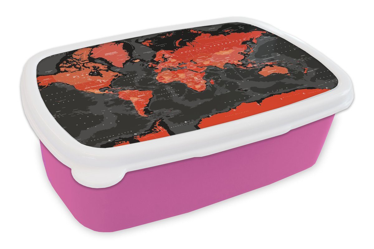 MuchoWow Lunchbox Weltkarte - Rot - Schwarz - Kind - Kind - Mädchen, Kunststoff, (2-tlg), Brotbox für Erwachsene, Brotdose Kinder, Snackbox, Mädchen, Kunststoff rosa