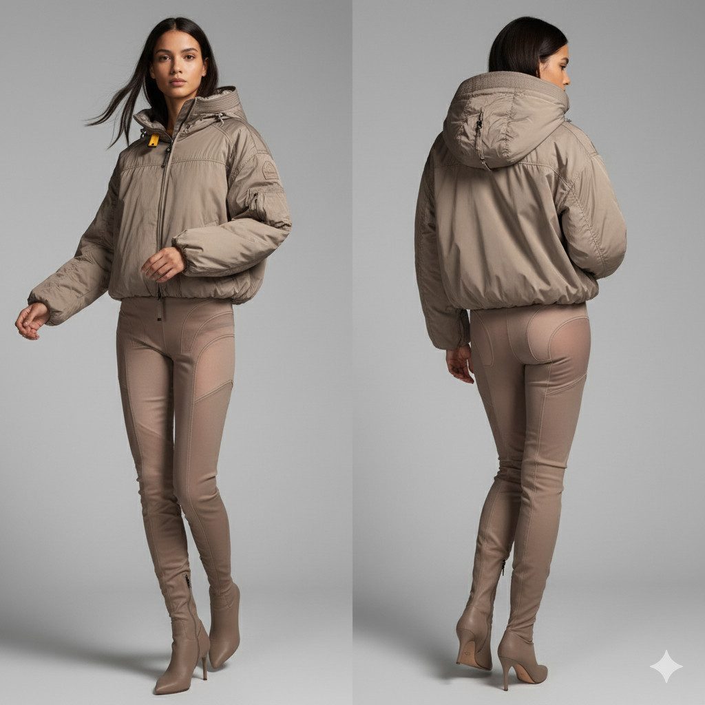 Parajumpers Bomberjacke PJS NAADZ - WOMAN Damen Daunen Bomber Jacke Atmosphere Beige Größe L mit Kaputze und Stehkragen