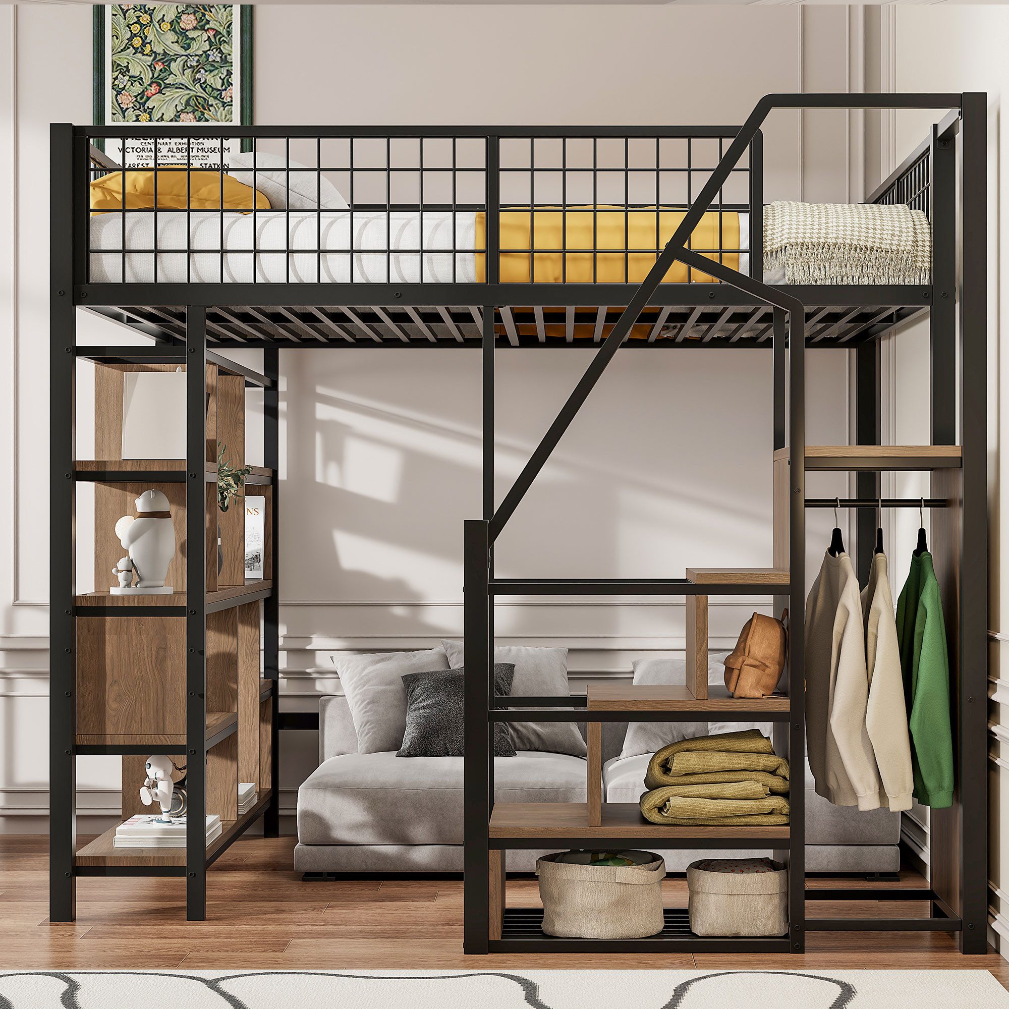 Odikalo Hochbett Kinderbett Jugendbett Metallbett 140x200 (Multifunktionales Hochbett 140 x 200 cm, Metallbett mit Stauraum, Ablageflächen und Treppe, Erwachsenenbett und Kinderbett, Schwarz)